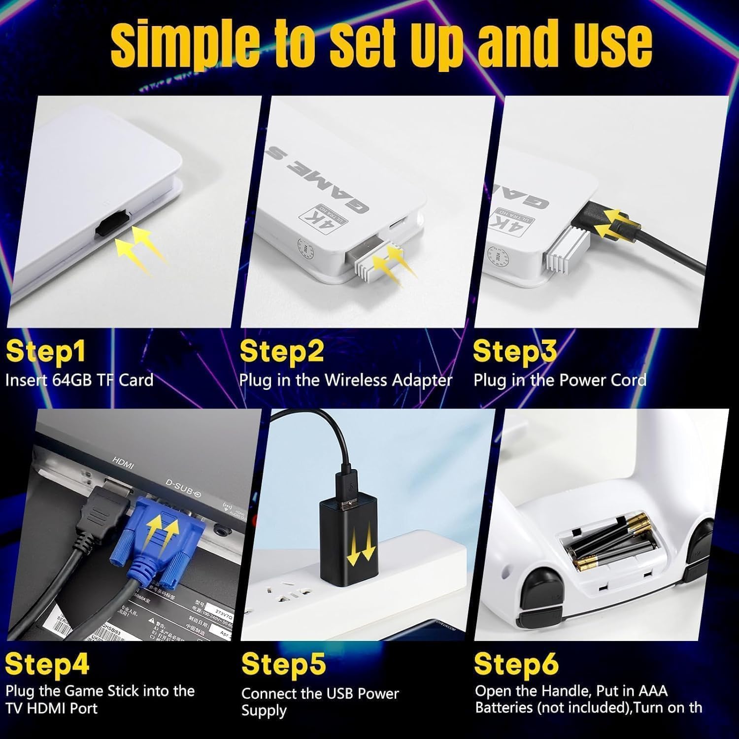2025 Retro Game Console Stick with 20,000+ Games, 23 Emulators, 4K HDMI Output, Plug & Play TV Video Game System with TF Card & 2 Wide-Grip 2.4GHz Wireless Controllers (45G) — view 4