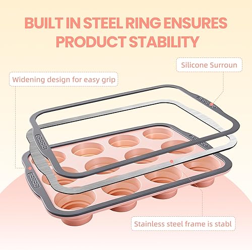 Miniatura 4 de Molde de silicona para magdalenas de 12 tazas para hornear, molde antiadherente prémium para magdalenas con marco reforzado de metal, moldes de