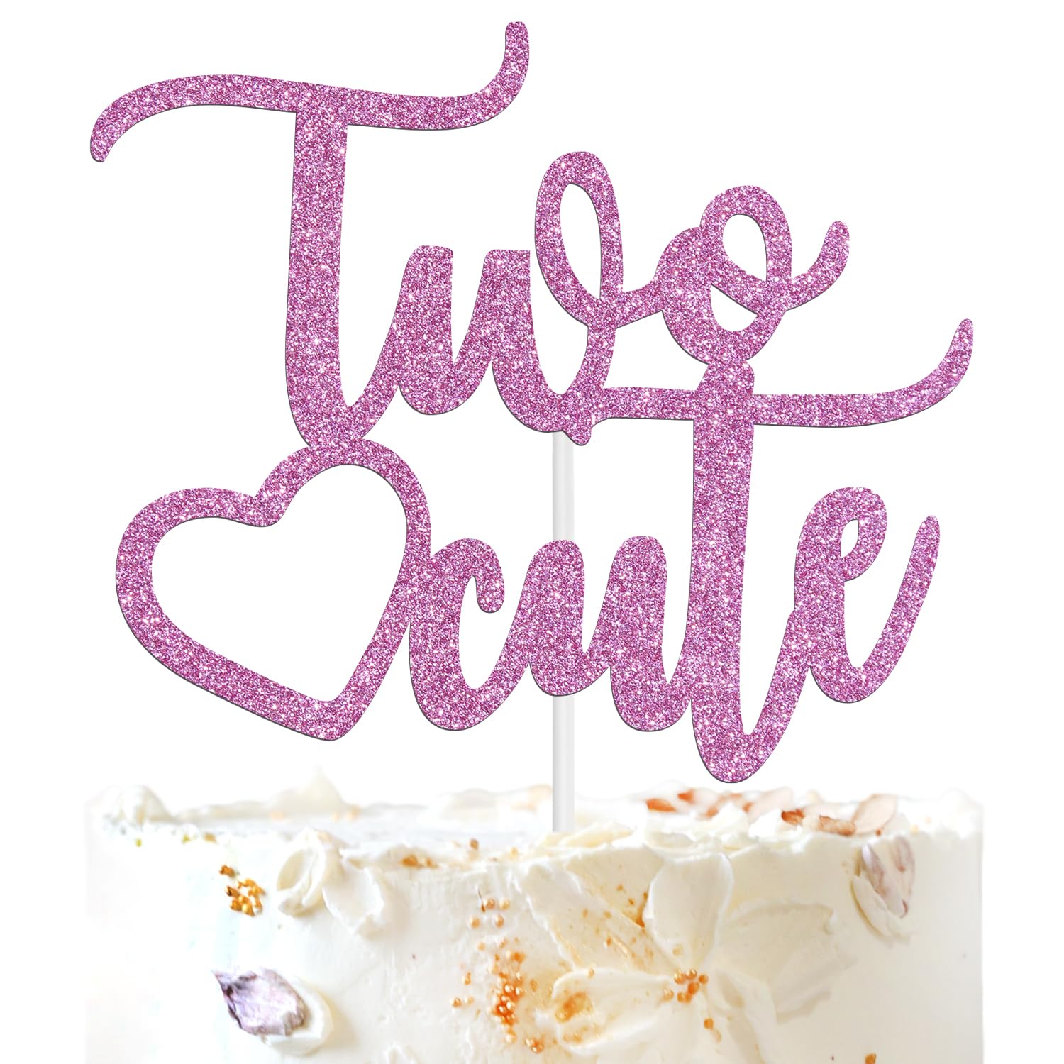 Pink Glitter Two Cute Cake Topper, Happy 2nd Birthday Party Decorations Supplies for Girl