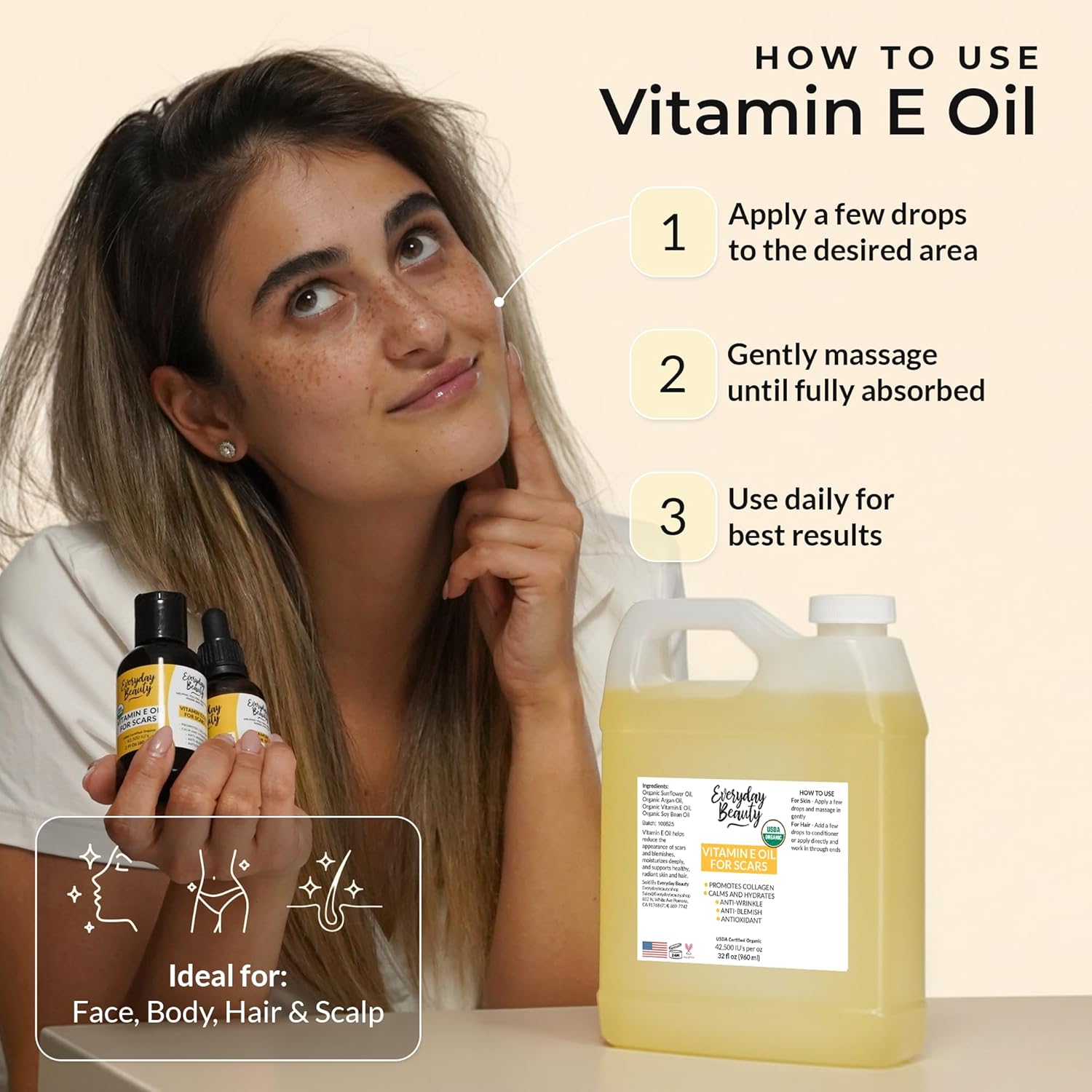 Organic Vitamin E Oil Bulk - 32oz USDA Certified 100% All Natural Plant Based - Light and Unscented Great for Scars After Surgery - For Face, Skin and Nails - Anti-Aging, Reduce Appearance of Wrinkles