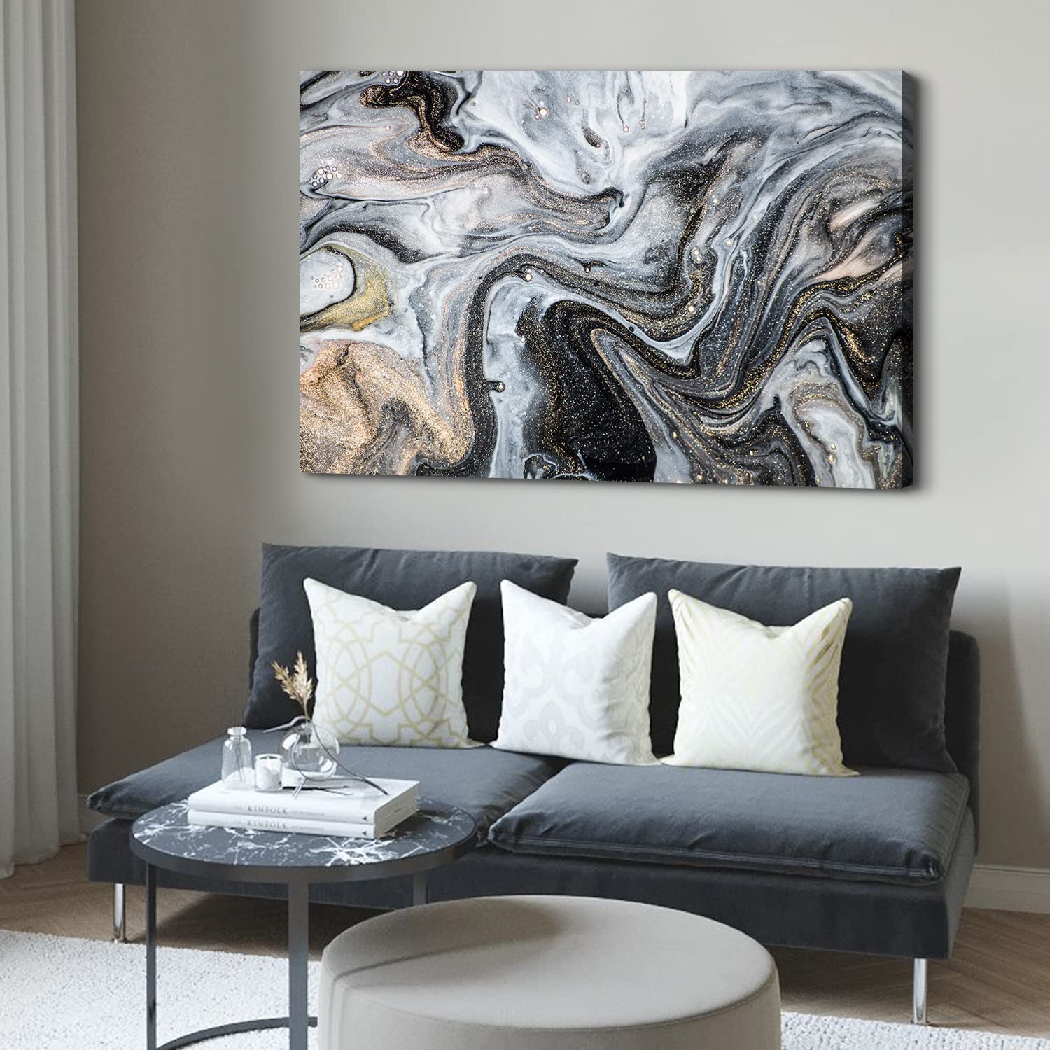 Abstract Black and Gold Fluid Wall Art for Living Room, Large Watercolor Grey Marble Texture Canvas Picture Decor 24x36" Modern Nordic Minimalist Liquid Painting Artwork for Bedroom Home Decoration