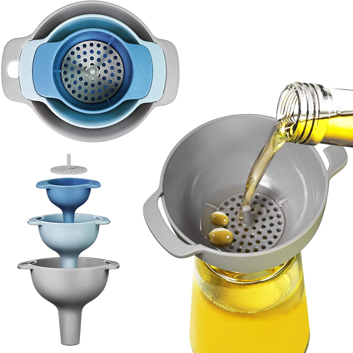 Kitchen Funnel Set of 3, Nested Funnels with Handle, Wide Mouth Food Grade Plastic Funnels with Detachable Strainer Filter for Transferring of Liquid, Fluid, Dry Ingredients and Powder