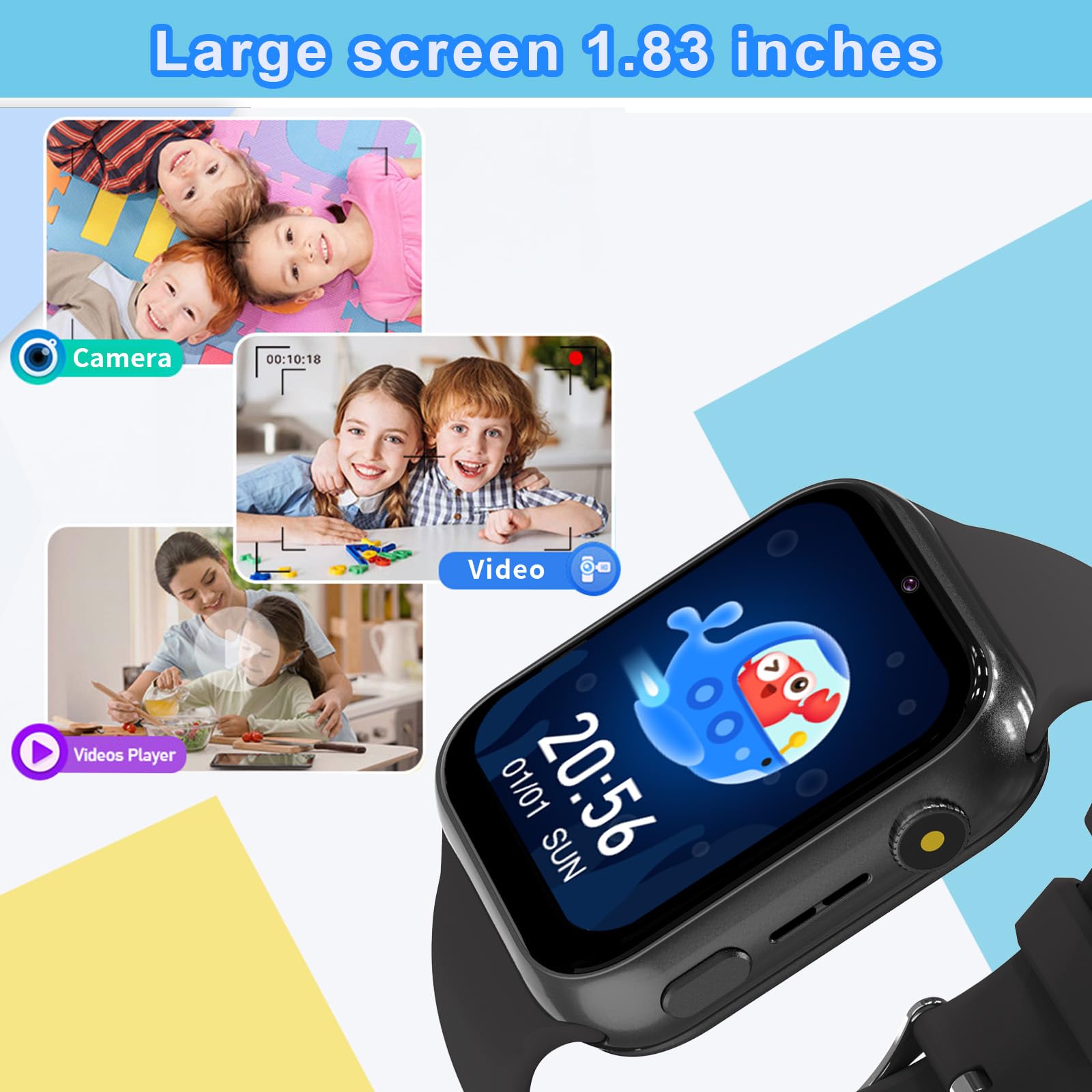 Reloj Inteligente Niño 4G, Smartwatch Niños con GPS, SOS, Llamadas, 4G Videollamada, Juego, Cámara, Despertador, IP68 Impermeable, Podómetro, Modo Escolar, Regalos para Niñas Niños (Negro)