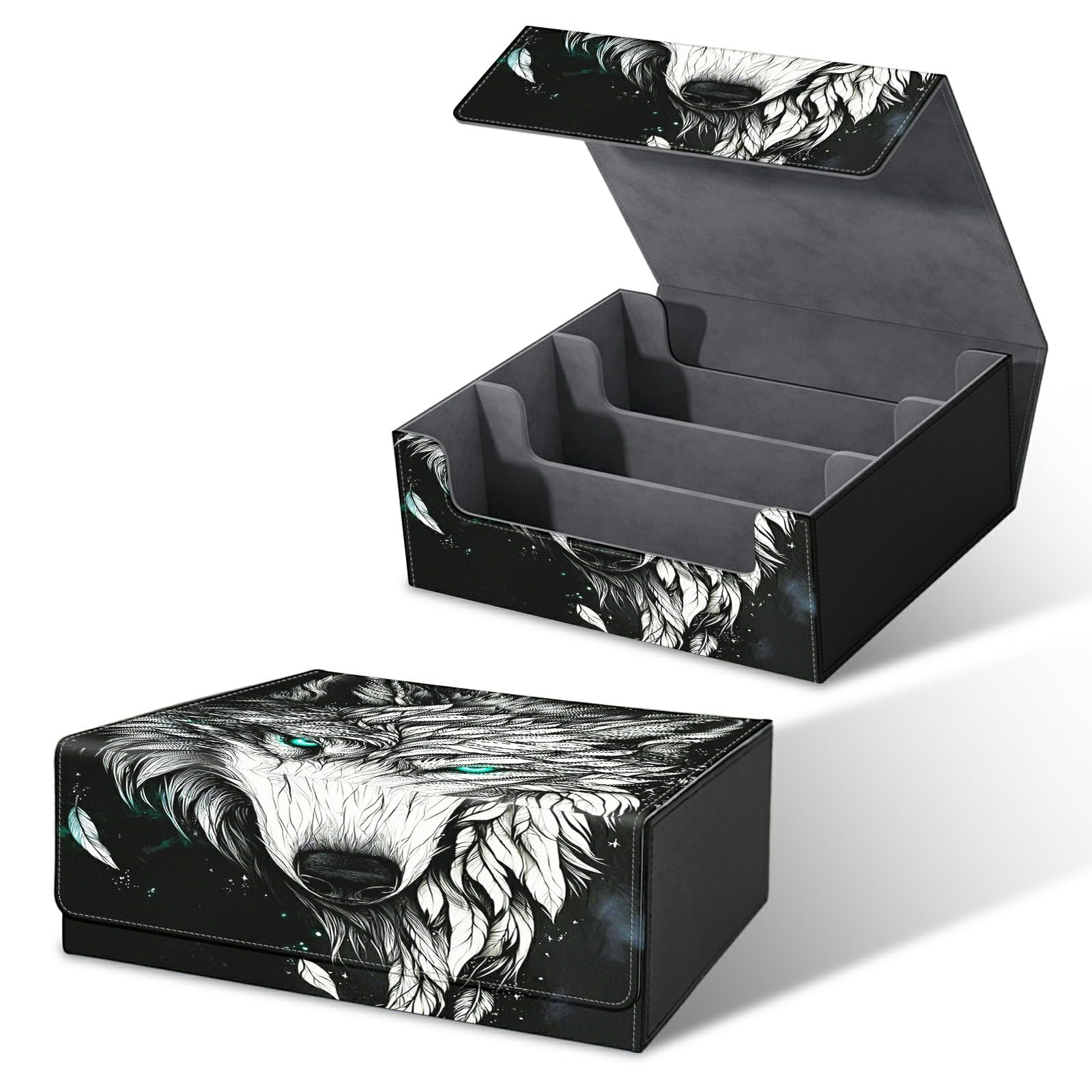 RWUTYTIUL Card Deck Box for MTG, Cards Storage Box Fits 120+ Sleeved, Leather Big Size Strong Magnetic Closing Case for Board Games Magic TCG CCG Baseball Collection Women Man, Grey Cool Wolf
