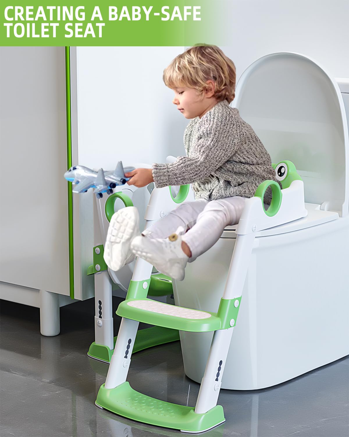 Riduttore WC Bambini con Scaletta, Riduttore con Scaletta Water Bambini, per Ragazzo e Ragazza, Regolabile e Pieghevole, Adattatore WC Bambini con Cuscino, Antiscivolo Anti-Spruzzo(Verde,Bianco)
