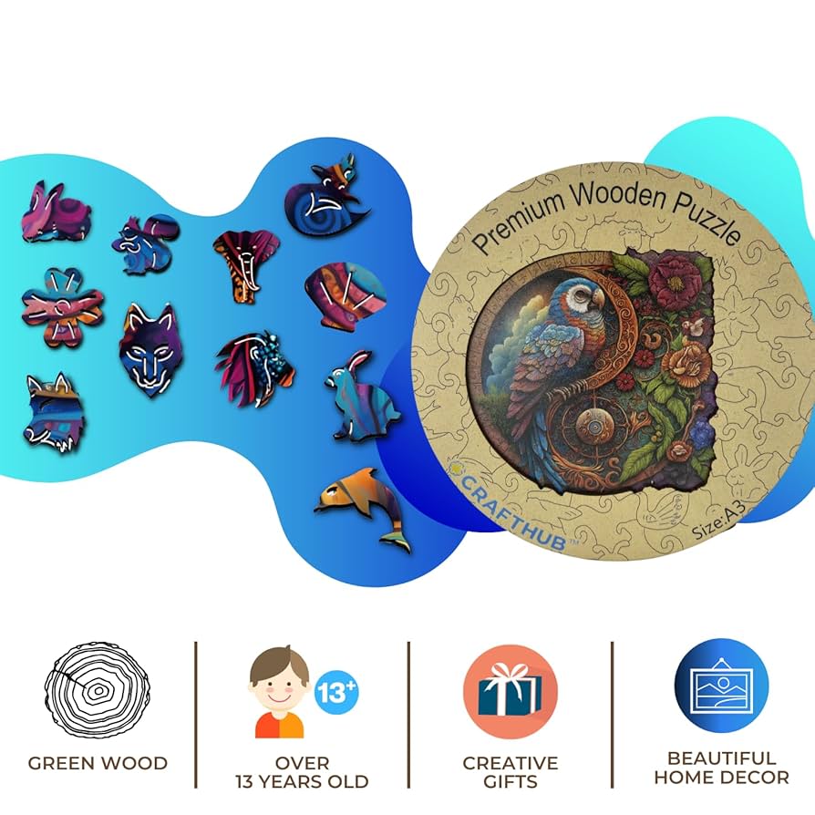 木製ジグソーパズル 大人用パズル　アニマル Amazon | CRAFTHUB 動物木製パズル 大人用 – A4 オウム 陰陽 115