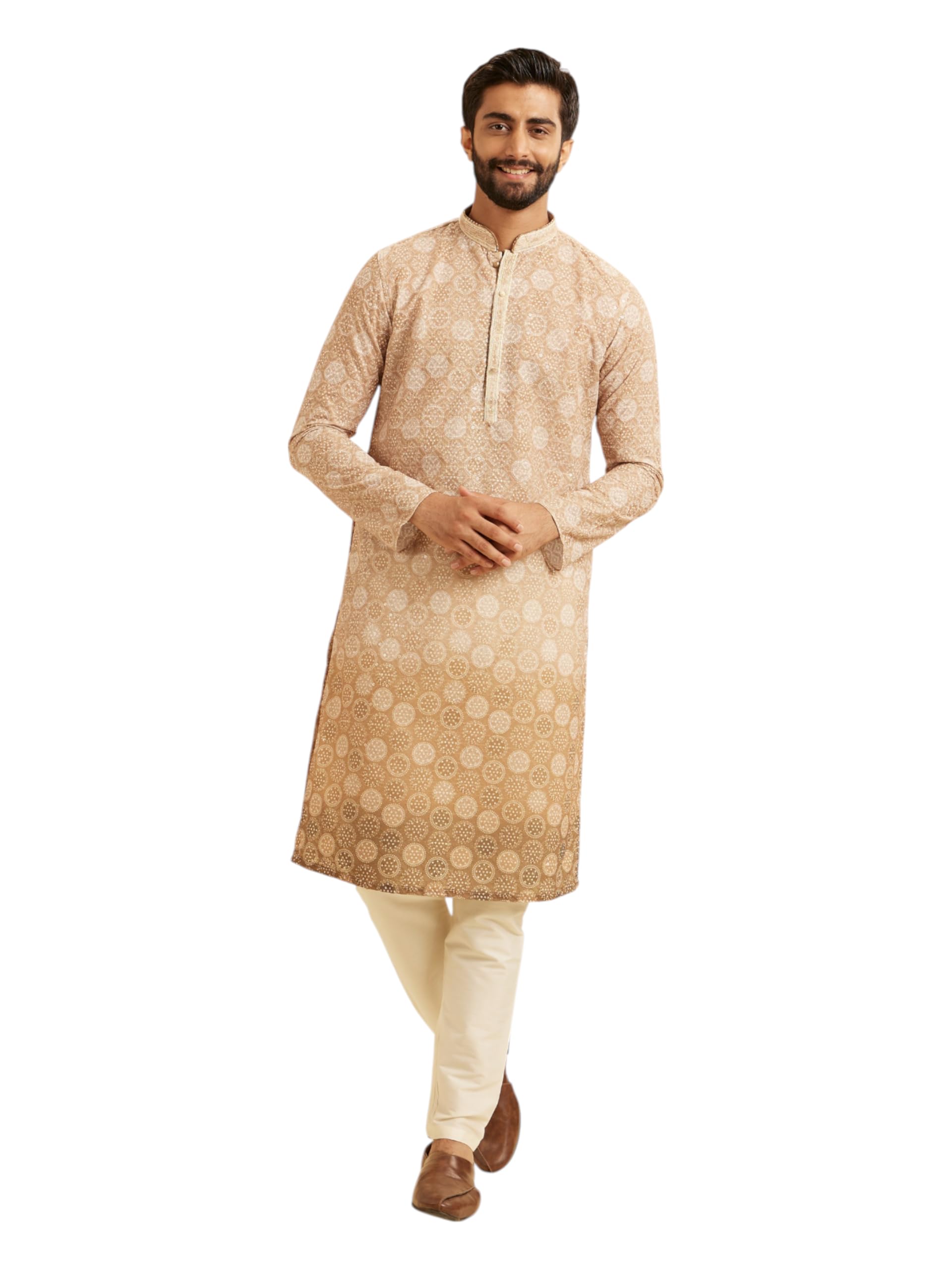 Manyavar Misto cotone da uomo stampato con filo ricamo Kurta Pigiama Set (2 pezzi)