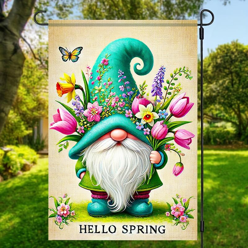Hello Spring Garden Flag Spring Summer Gnomes Garden Flag 12x18 Double Sided Butterfly Floral Garden Yard Flags for Summer Seasonal Decors for Outdoor Anniversary Wedding Farmhouse Holiday - Image 3