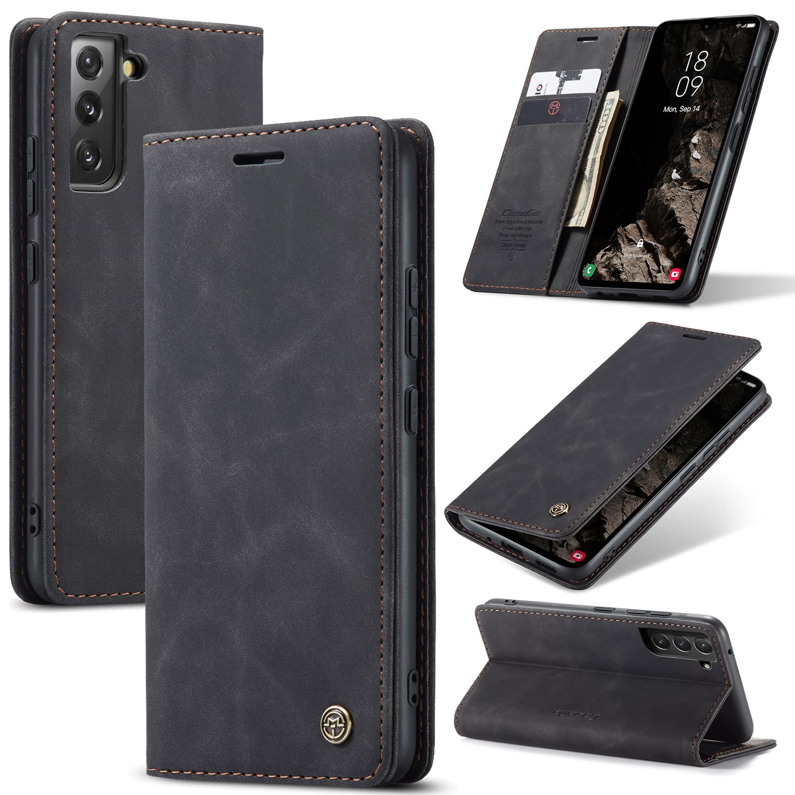 Samokor Cover per Samsung Galaxy S21 Plus 5G Pelle Flip Custodia Cavalletto Portafoglio Magnetica Carta Fessura Antiurto per Samsung Galaxy S21 Plus,Nero