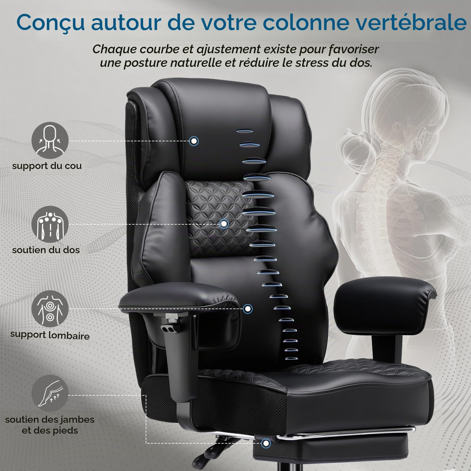 GTPLAYER Chaise de gaming, large chaise de bureau avec ressort de poche, chaise ergonomique pour PC, réglable et pivotante avec repose-pieds, en simili cuir, 180 kg, couleur noire