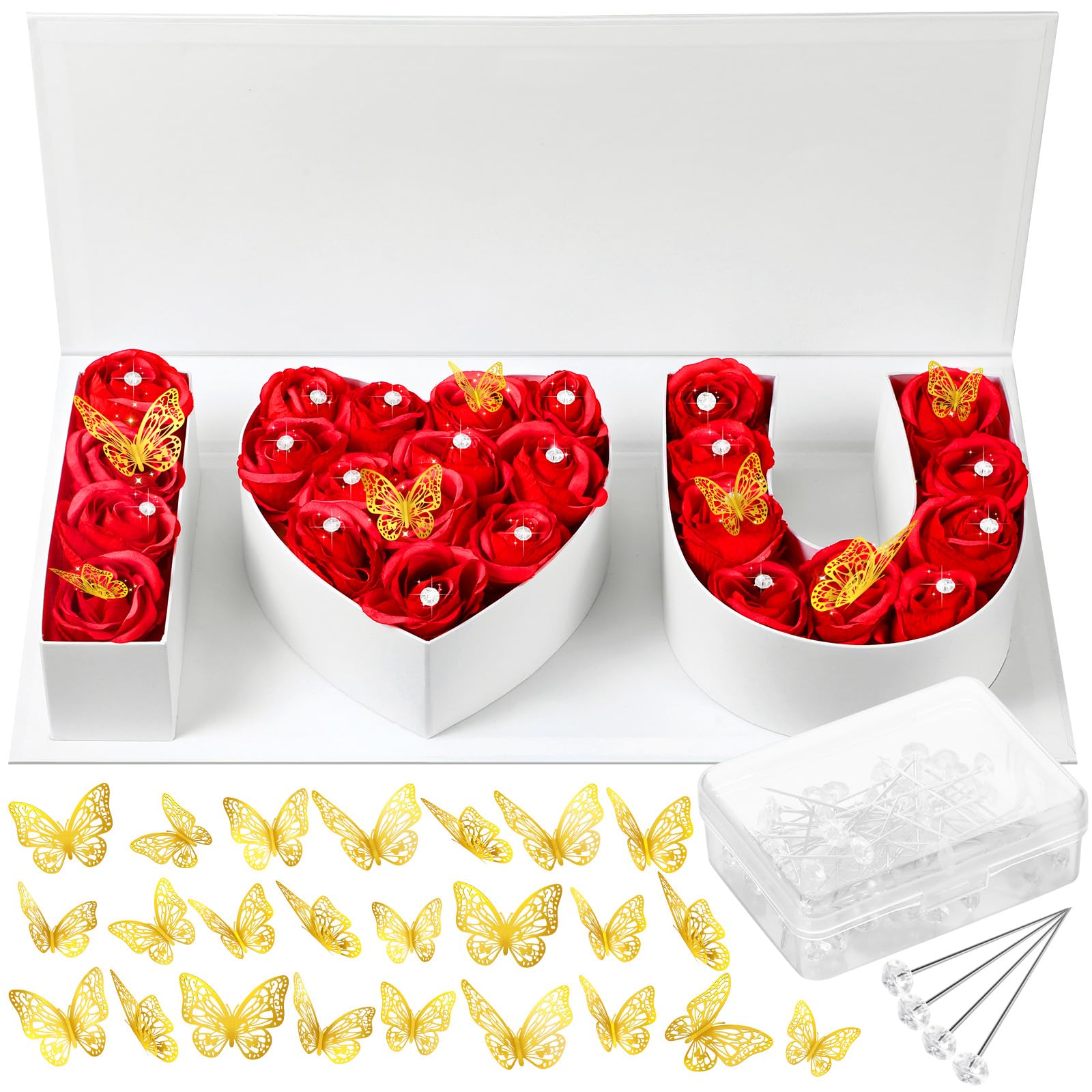 Ireer I Love You Empty Flower Gift Box Valentine‘s Day Letter Shaped Fillable Box with Plastic Liners 24 Gold Butterfly Decor 50 Bouquet Flower Pins DIY Craft Gift Set for Wedding Mother's Day(White)