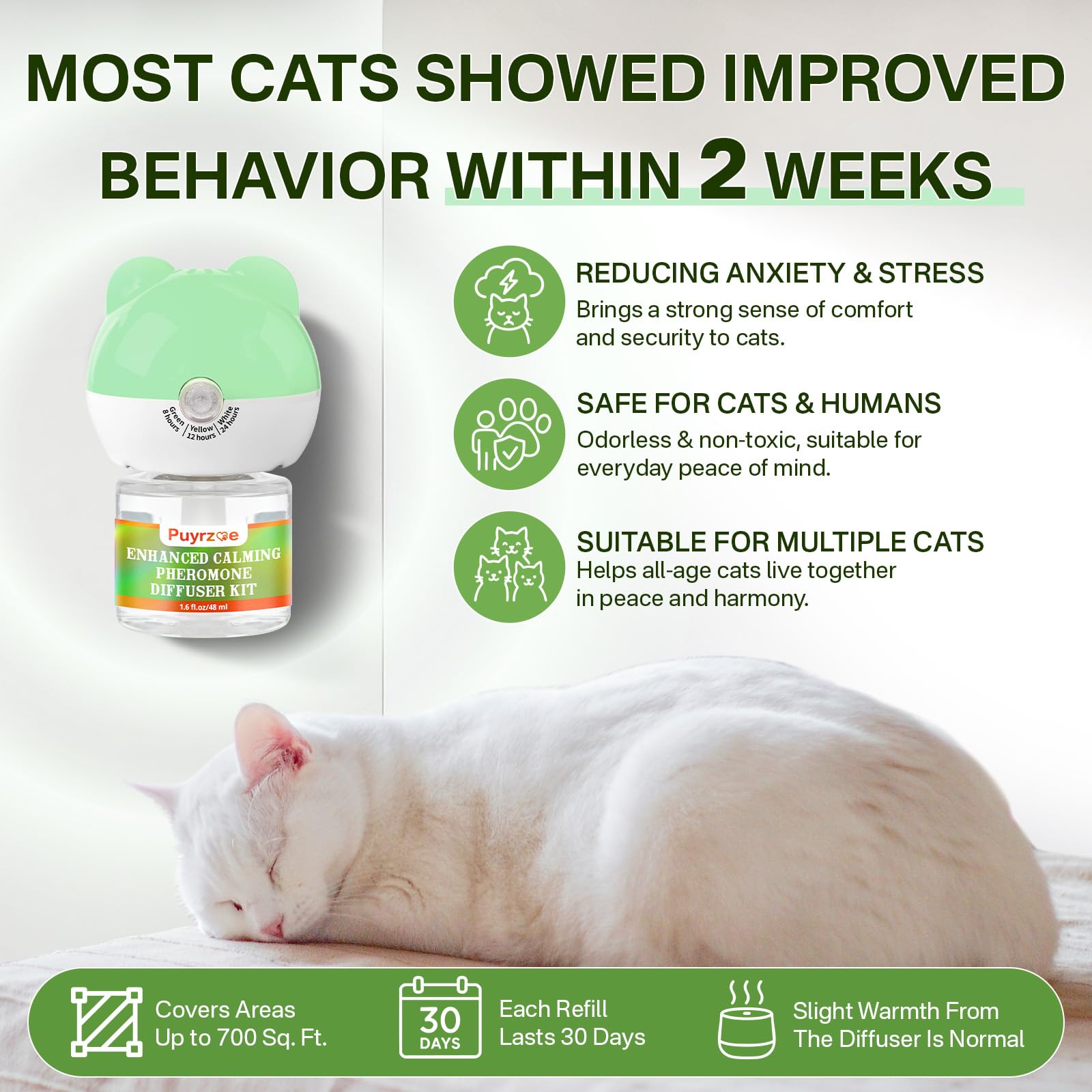 Cat Calming Diffuser with Timing Function, 3-in-1 Cat Pheromones Calming Diffuser Kit, 60-Day Anxiety Relief, Stress Relaxation Cat Pheromone Diffuser for All Cats (1 Diffuser + 2 Refills) - image 6