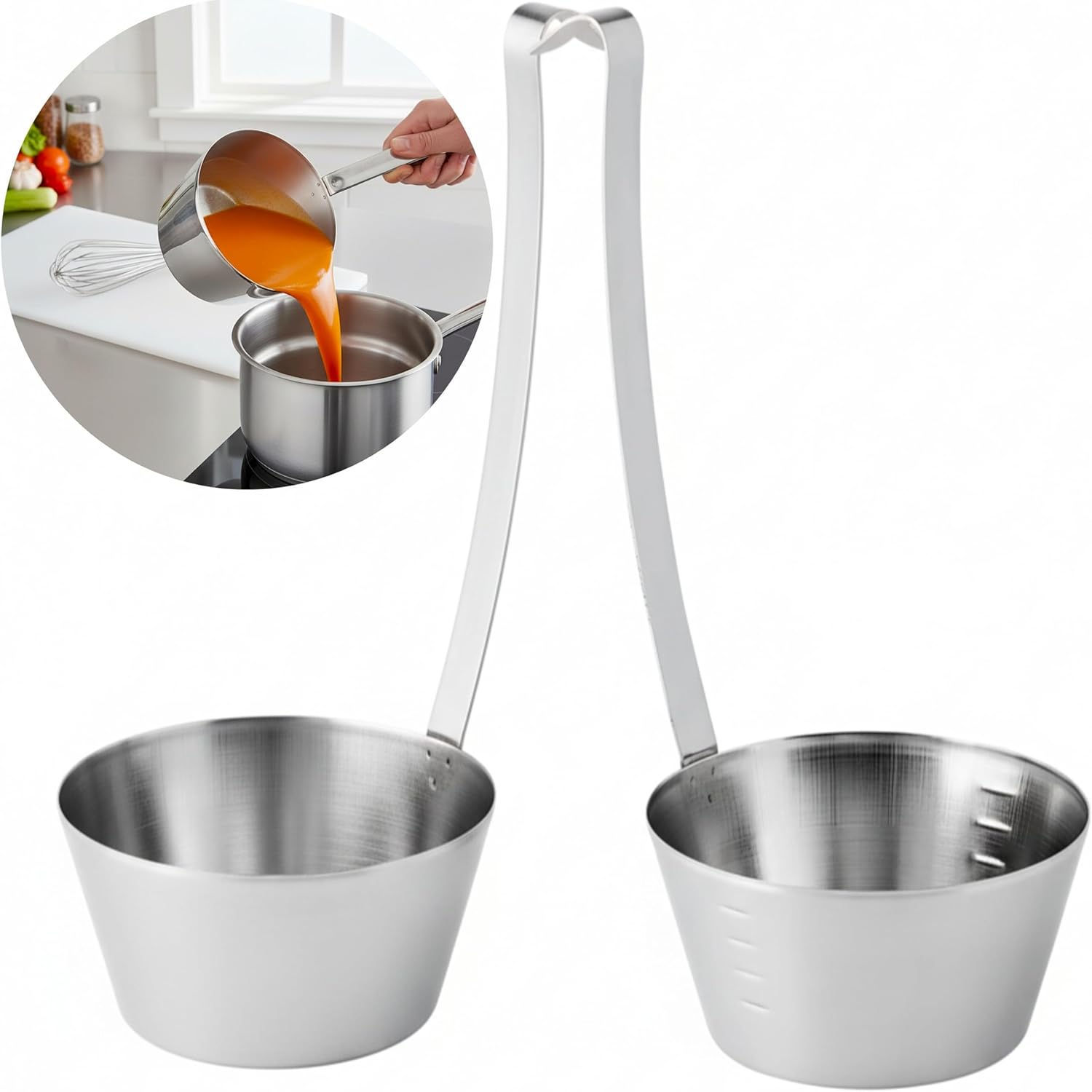 32-oz Stainless Steel Ladle – Heavy-Duty Commercial Soup Dipper with Hooked Handle & Spill-Resistant Bowl – Durable 2-Piece Design for Kitchens & Buffets (2)