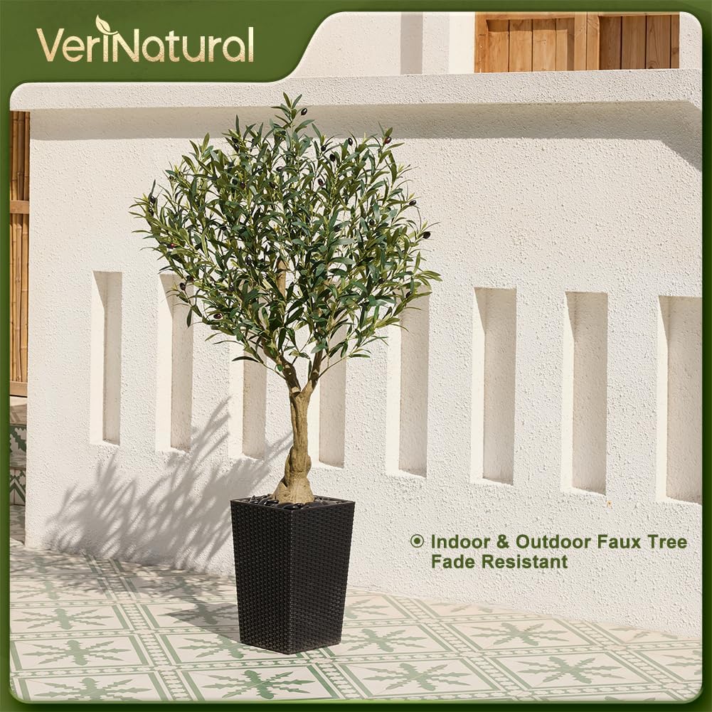 Artificial Olive Tree 5ft, Tall Fake Tree for Indoor & Outdoor Decor with Black Pot & Pebbles, UV Resistant Silk Leaves, Realistic Faux Potted Plant for Living Room,Office,Home Decor,VN137 - Image 8