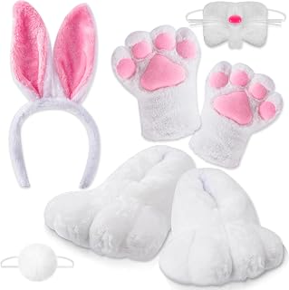5 Pieces Easter Bunny Plush Costume Adult White Rabbit Costume Bunny Feet Paws Nose Tail Headband for Women Men Easter Cosplay