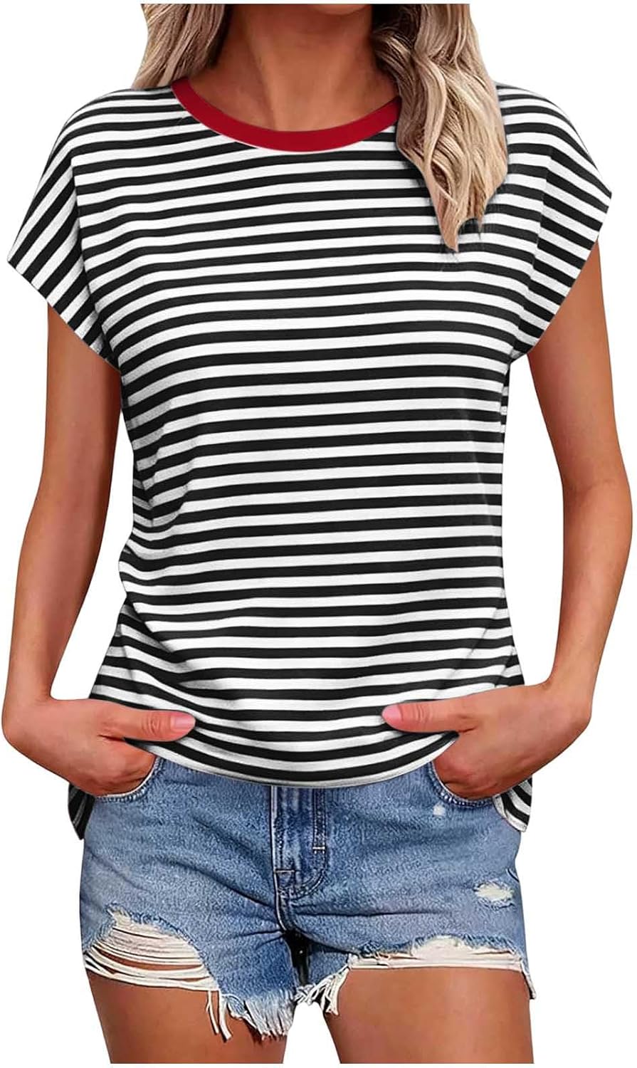 Womens Blouse Summer Short Sleeve Tops Crew Neck | Womens Summer Short Sleeve Tops Crew Neck Striped Lightweight Loose Dressy Casual Blouse Fashion Clothes