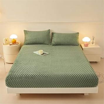 Mattress Protector, Flannel Elastic Fitted Sheet, with 11 Deep Pocket Breathable Mattress Pad Cover, Shrinkage Fade Resistant, for Kids Teenager Bedroom Green,Full