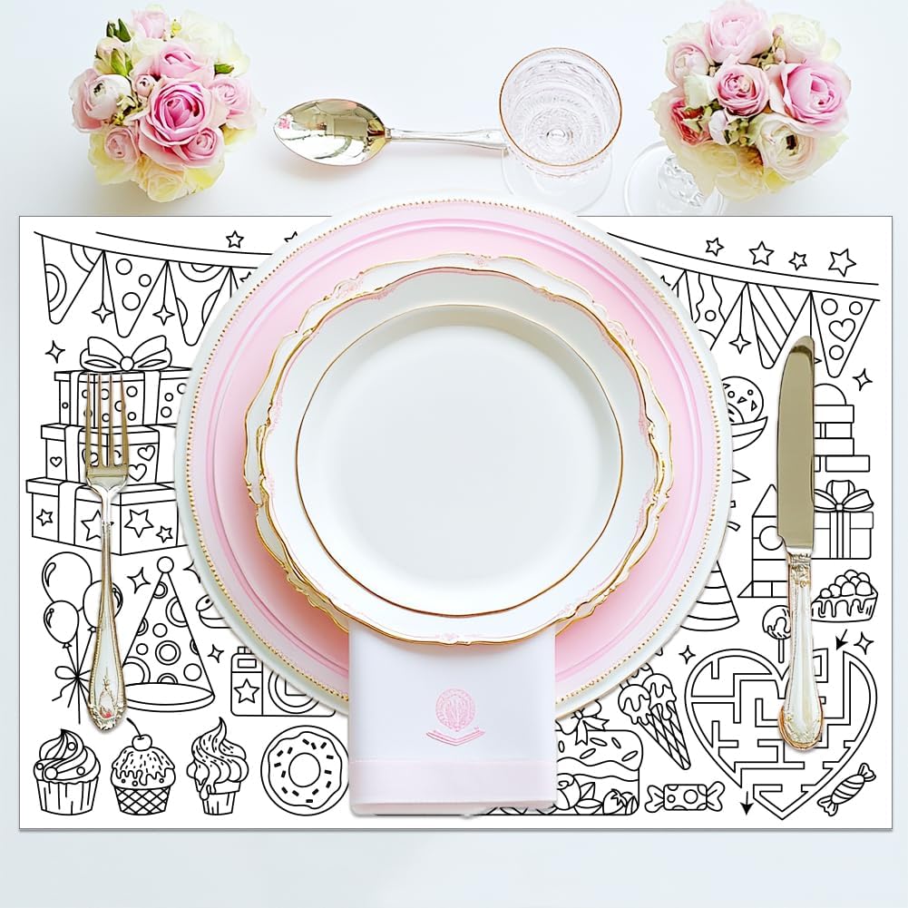 WEBEEDY 30 Pack DIY Coloring Placemats 15.7x11 Inch Color Your Own Birthday Party Table Paper Mats Summer DIY Paper Placemats Coloring Activity for Restaurants Party Table Decor Supplies(Cake Theme