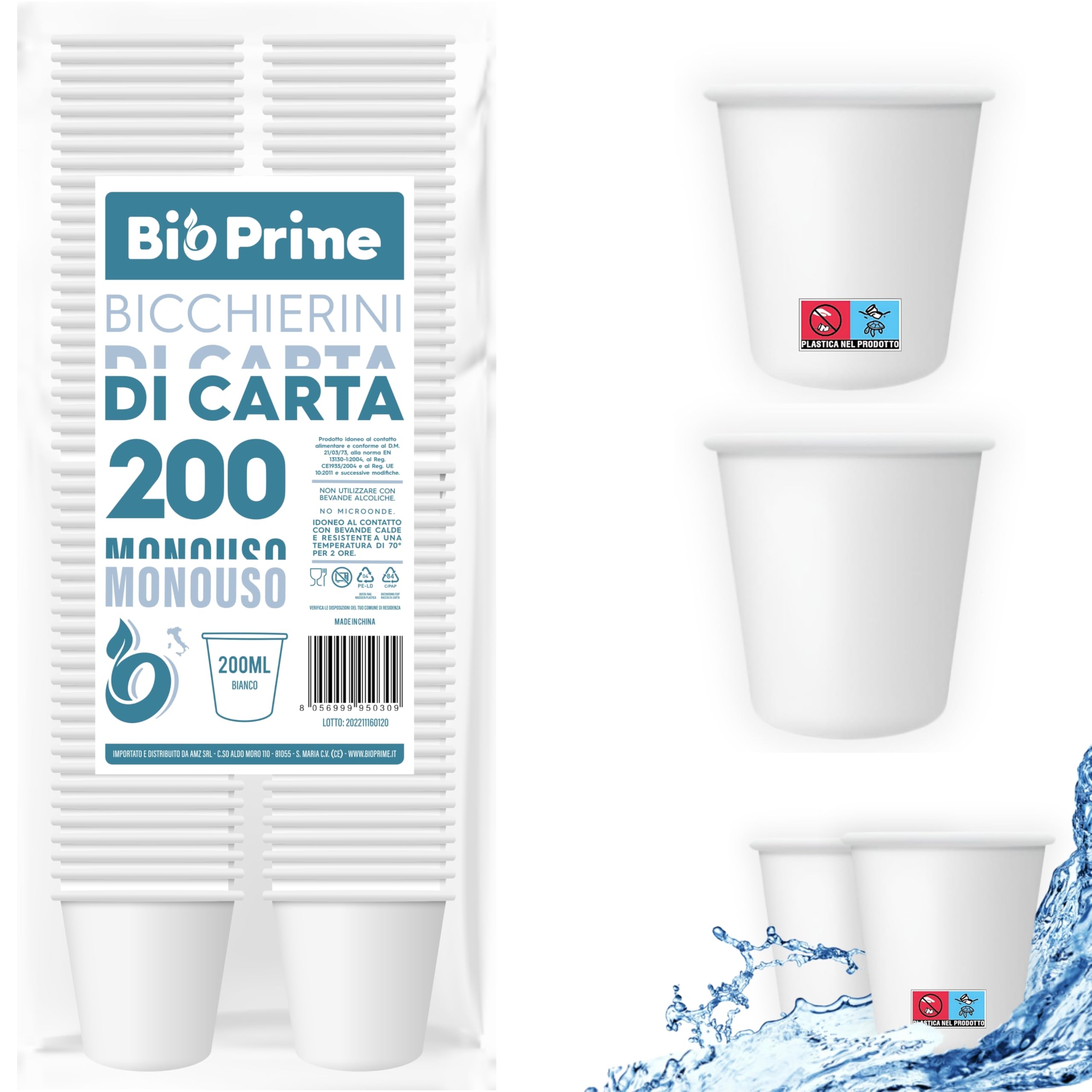 BioPrime - 200pcs - Paper Water Cups 200ml - Biodegradable Cups - for Hot Drinks, Water and Drinks - Disposable Cups