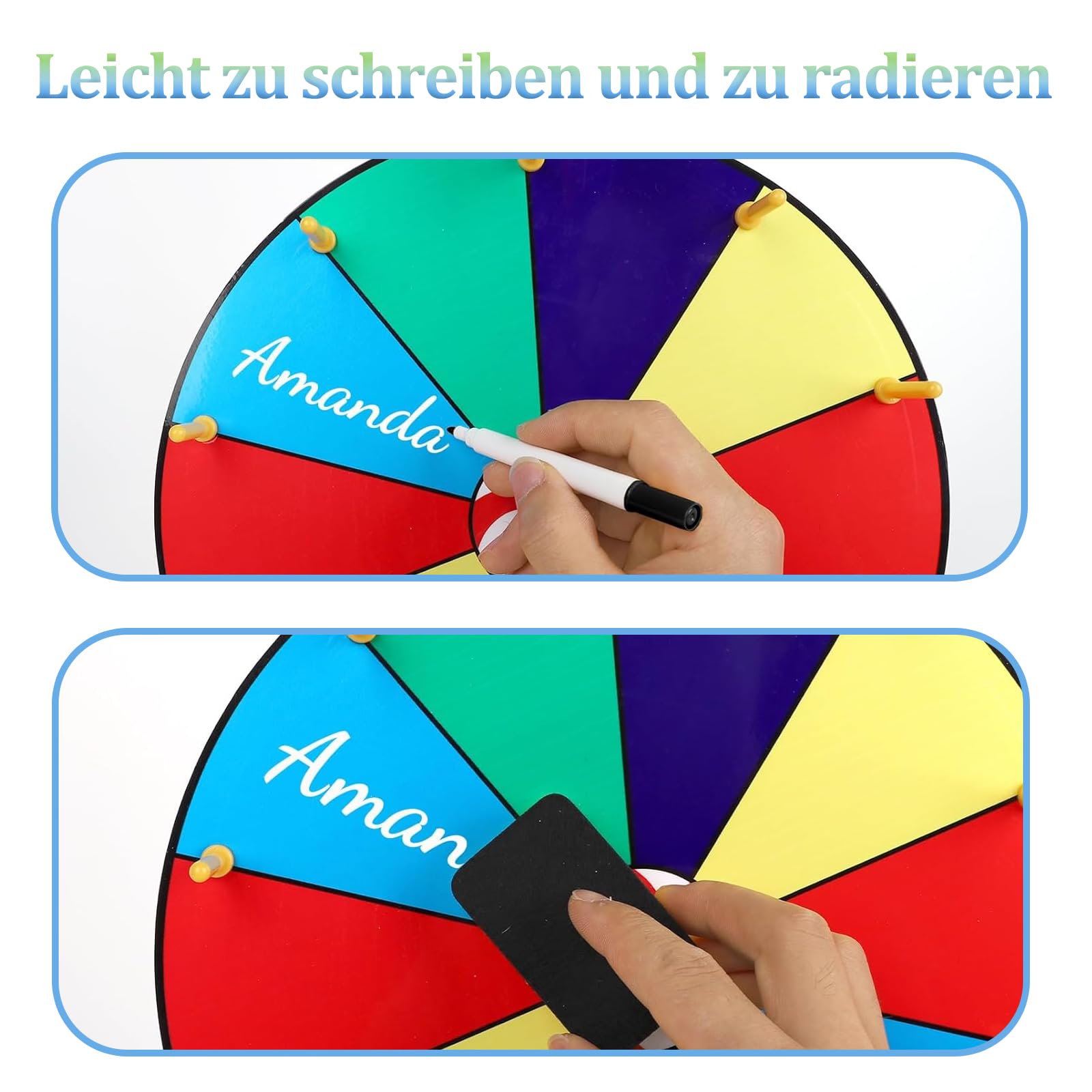 Roue de la fortune à tourner - 10 emplacements - Avec marqueur effaçable à sec et gomme - Roulette de bonheur - Avec support - Pour carnaval, foires