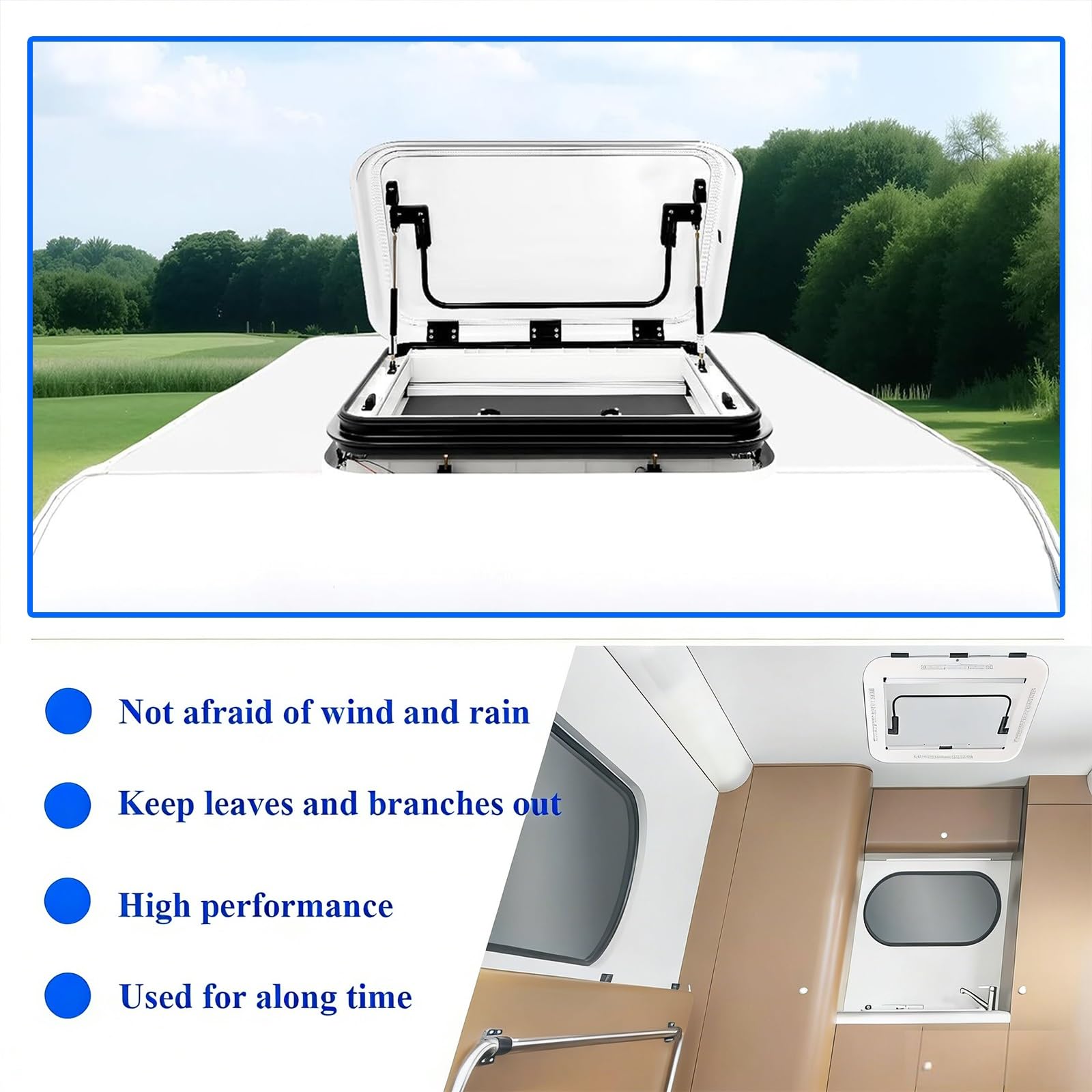 Ventilazione per tetto di camper, oblò con ventilazione forzata + LED, spessore del tetto 25-60 mm, finestra da tetto in lega di alluminio per roulotte e camper(700 * 500mm (27.6 * 19.7in))