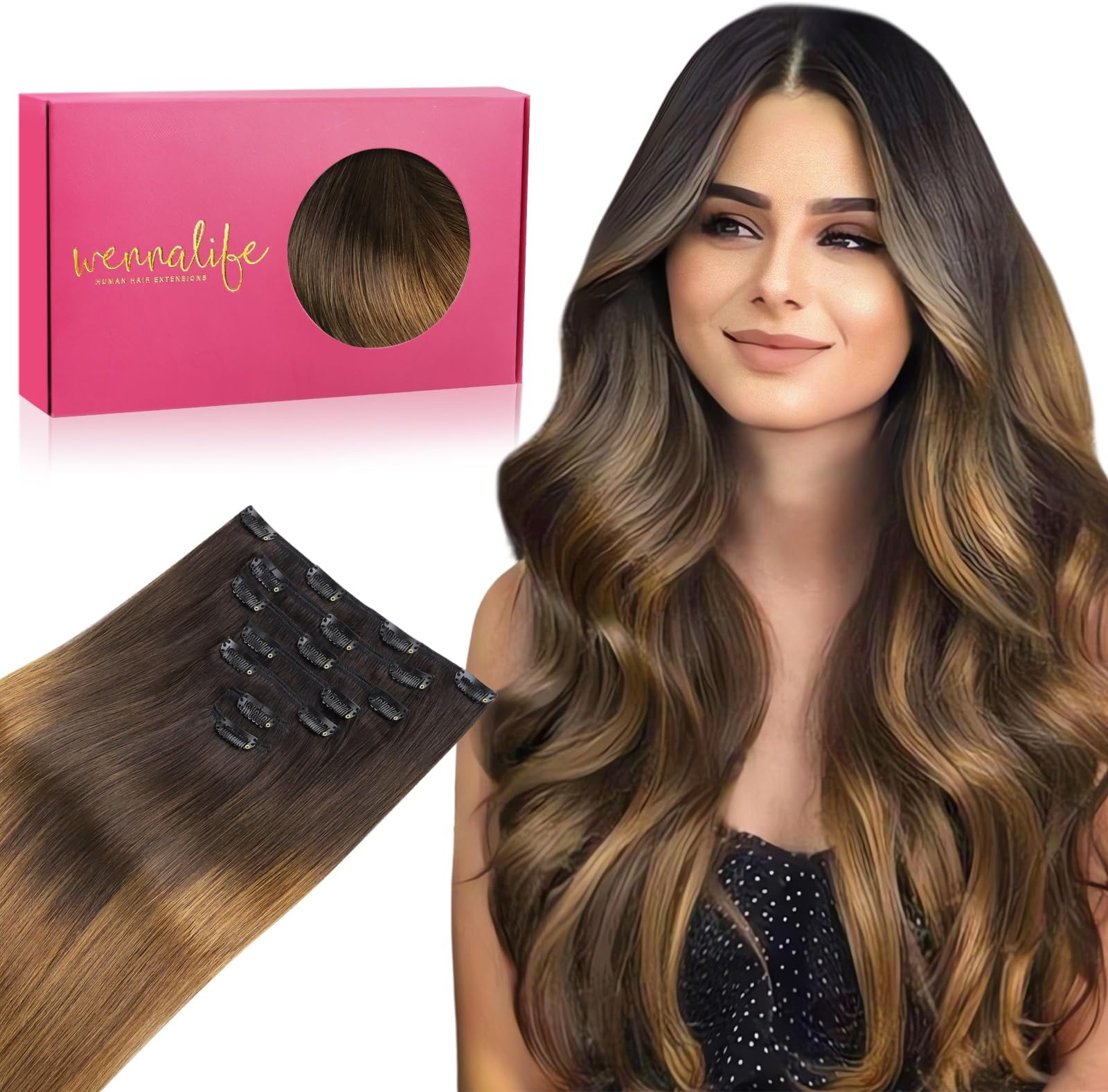 WENNALIFE Clip in Hair Extensions Real Human Hair, 18 Inch 120g 7pcs Human Hair Extensions Clip In Human Hair, Ombre Dark Brown to Light Chestnut Brown Hair Extensions Clip In Real Hair Coloured Remy
