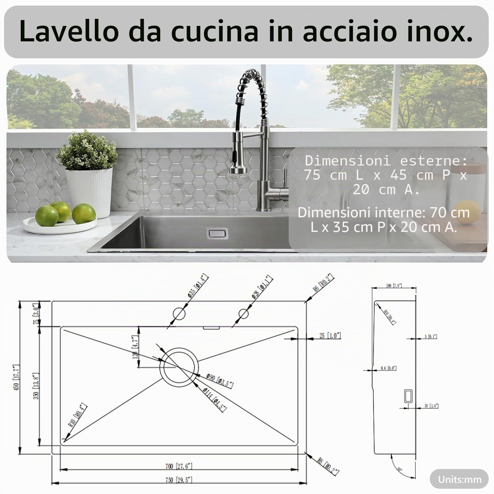 Lavello Cucina 75 x 45 cm + Rubinetto Cucina Estensibile, Lavello con Sgocciolatoio e Sifone, Lavello Cucina 1 Vasca Quadrata, Lavello Incasso con 2 Fori Rubinetto, Acciaio Inox Spazzolato