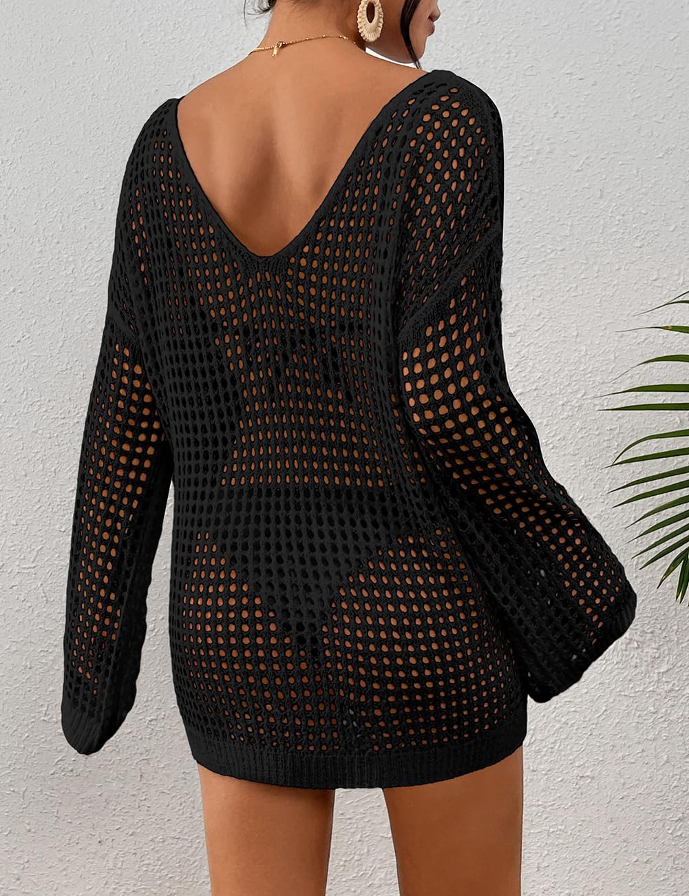 Bsubseach Beach Cover Up Sexy Hollow Out Crochet Cover Up Lanterne Manches Tricoté Tenues De Plage Maillot De Bain Cover Up