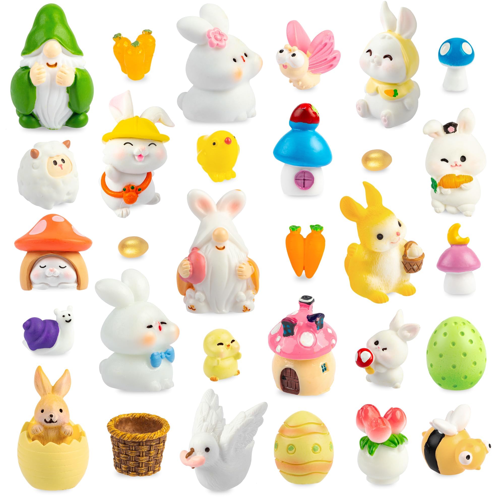 FEXIA Easter Bunny Miniature Figurines 30Pcs Mini Resin Figurines Rabbit &amp; Gnome Miniatures, Perfect for Easter Party Gifts Dollhouse Fairy Garden Landscape Home Decor Egg Stuffers DIY Crafts Decor