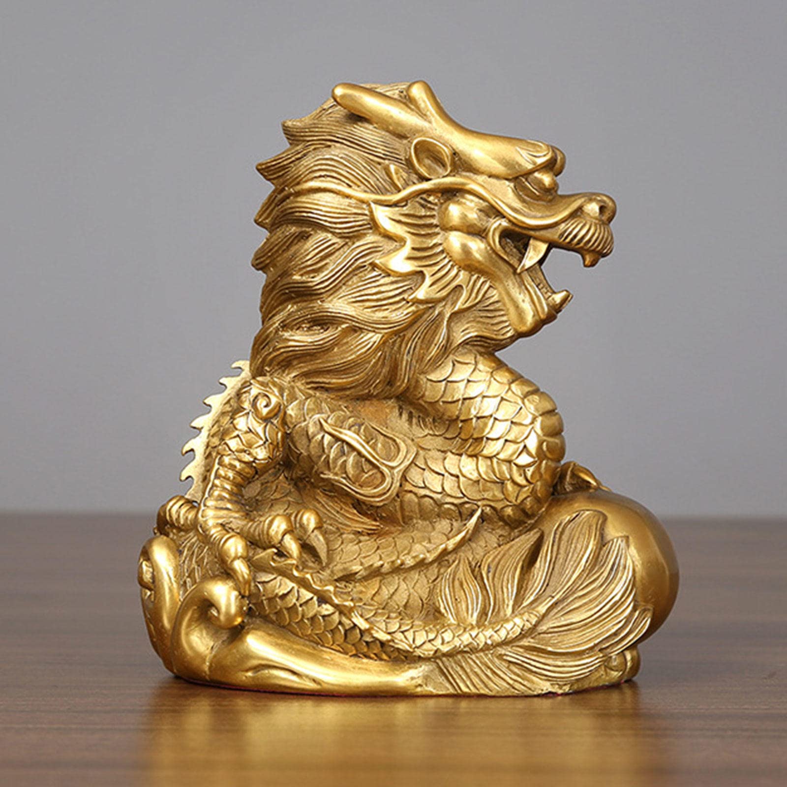 Estatuas, Estatua de dragón latón Hecha a Mano del Zodiaco Chino Fengshui, Dorada, for Mesa, Escritorio, estantería o pecera, pequeña(S)