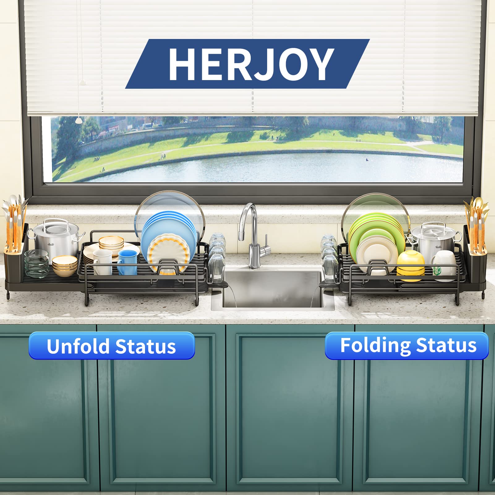 HERJOY Dish Drying Rack for Kitchen Counter, Large Dish Rack Expandable Black Drying Dish Drainers Rack, Anti-Rust Drying Rack with Drainboard and Cup Holders Rack Organizer