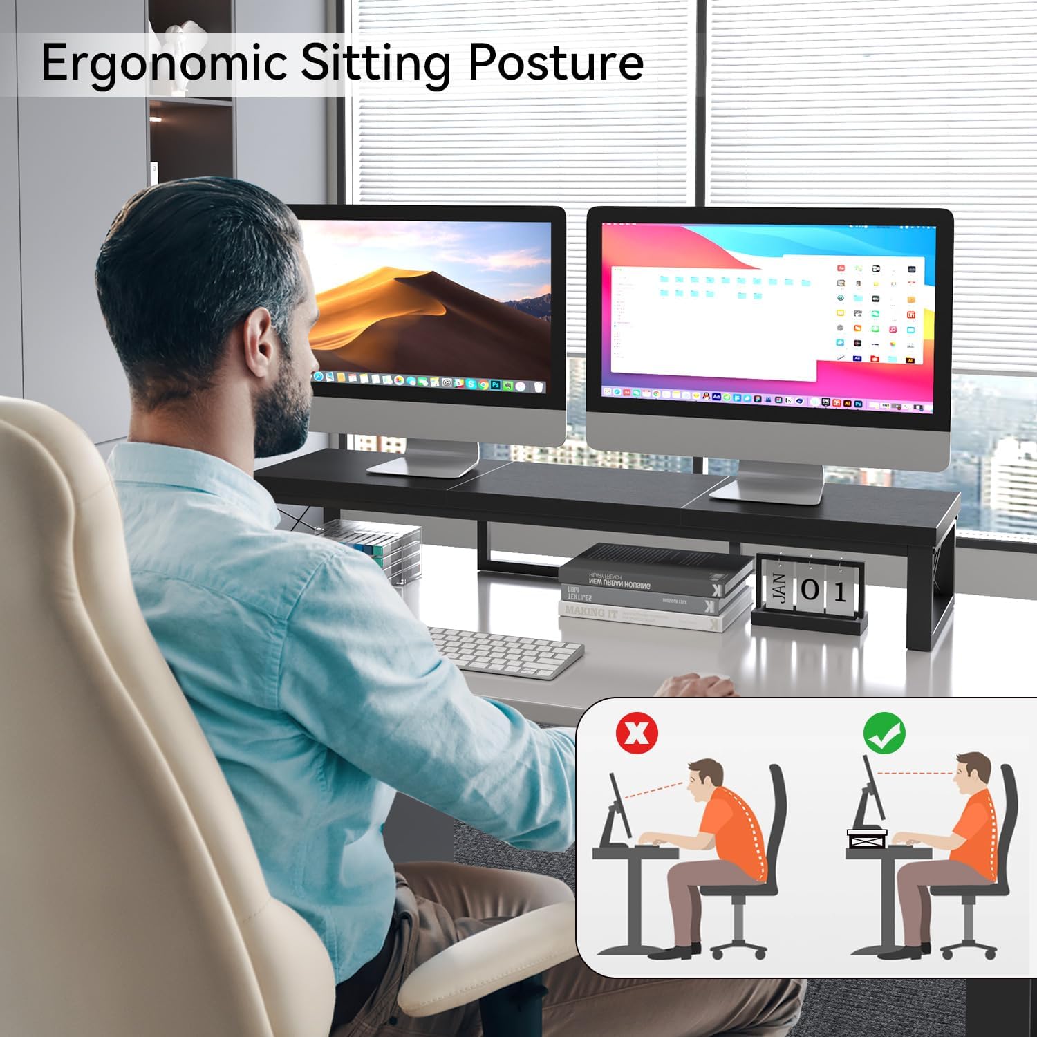 IBUYKE Large Dual Monitor Stand Riser for 2 Monitors, Wooden Desktop Computer Monitor Stand Storage Shelf and Steel Legs,Dual Screen Office Desk,Monitor Riser for Computer, Printer,Laptop,TV,Black UTDJ002B