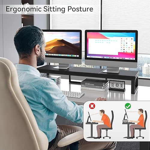 Miniatura 2 de IBUYKE Soporte elevador grande para monitor doble para 2 monitores, soporte de madera para monitor de computadora de escritorio, estante de
