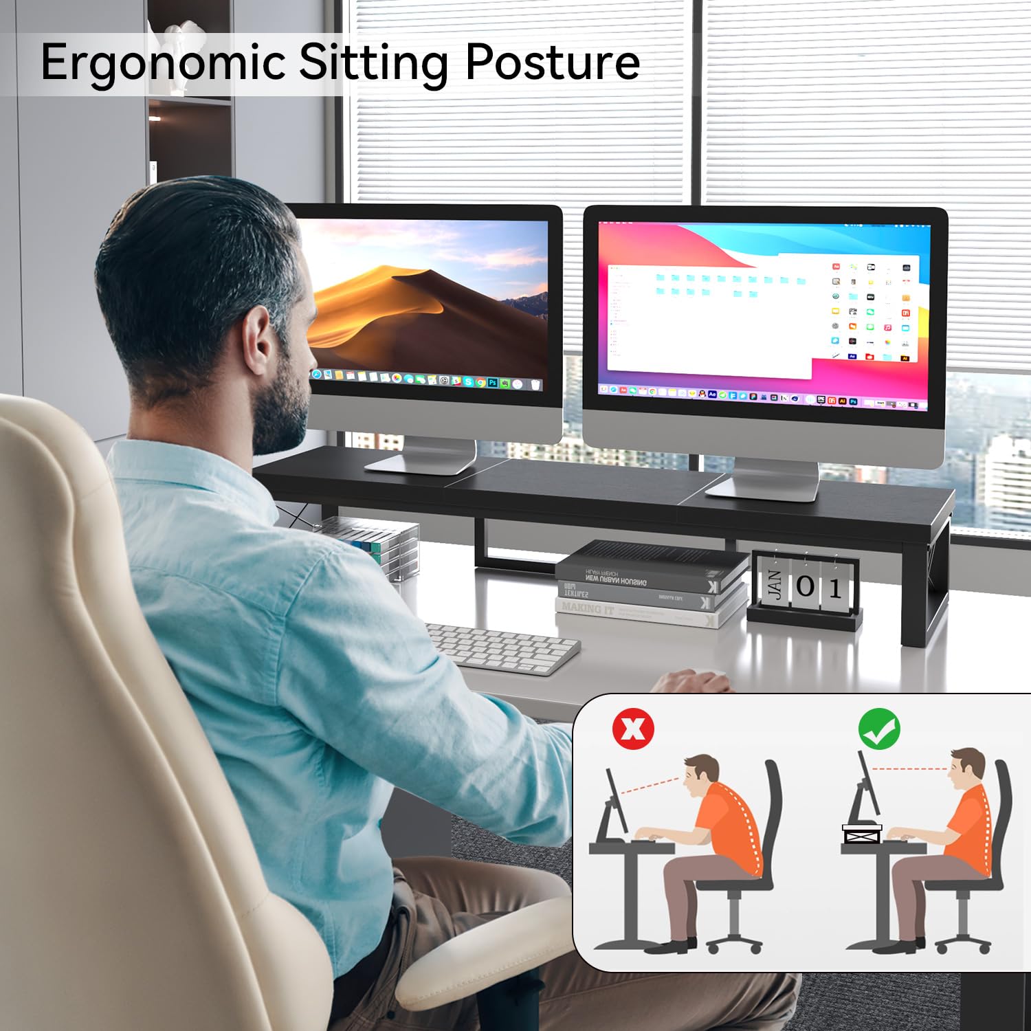 IBUYKE Podwójny stojak na monitor, podwyższenie ekranu komputera, 97 cm, drewniany, z miejscem do przechowywania, stolik biurowy z podwójnym ekranem, stojak na monitor do komputera, drukarki, laptopa