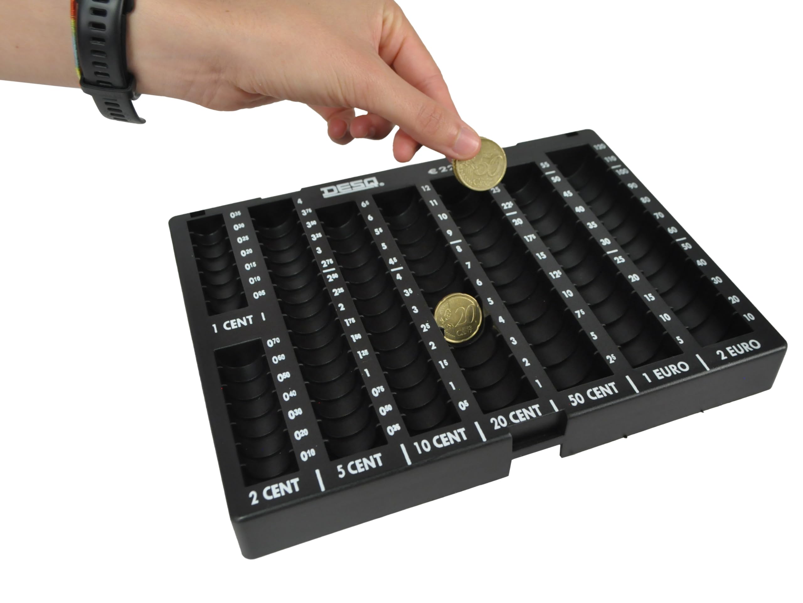 DESQ® Unité de tri de monnaie avec couvercle, adaptée pour les pièces en centimes et en euros, 8 compartiments, capacité de pièces de 226,05 €