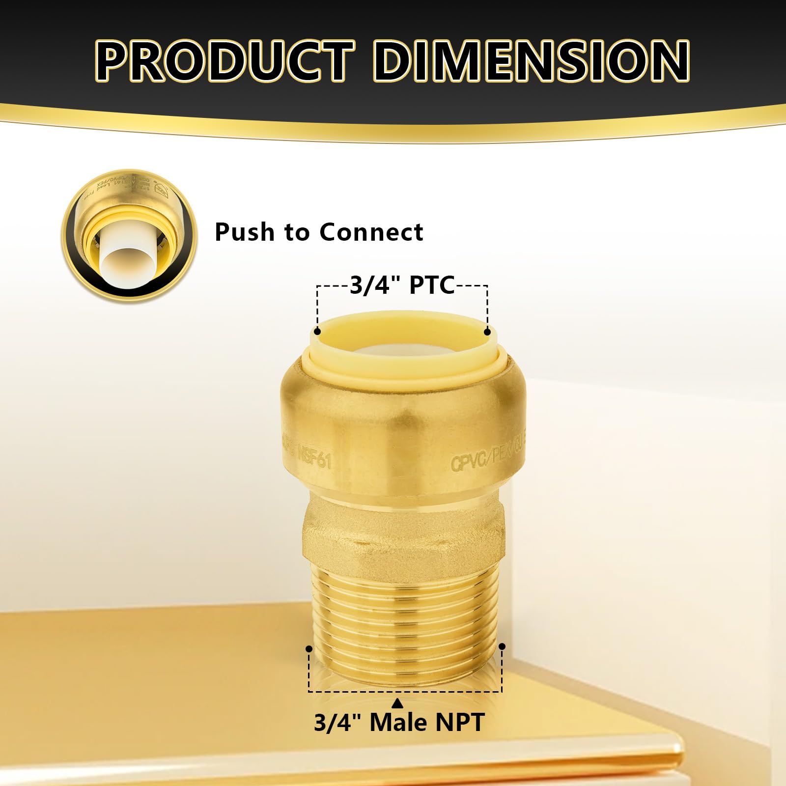 10 szt. złączek mosiężnych Foskan 3/4" Push-to-connect x 3/4" z gwintem zewnętrznym, do łączenia rur PEX, miedzianych, C, PE-RT, z zaciskiem rozłączającym do napraw hydraulicznych (PTC x MNPT)