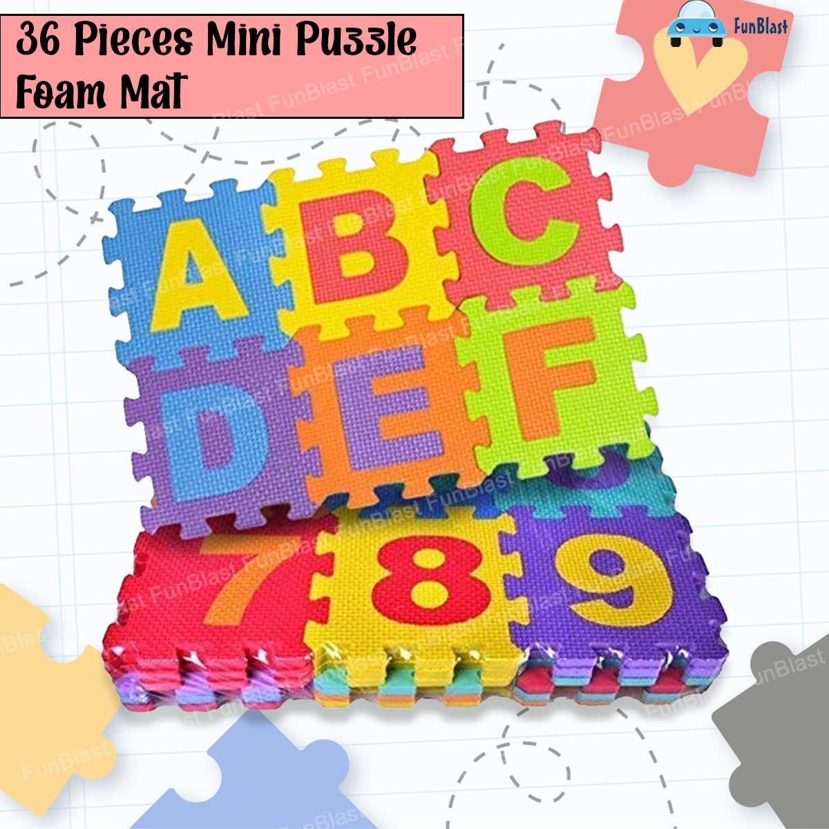 FunBlast 36 Pcs Big Size Eva Puzzle Foam Mat for Kids, Interlocking Learning Alphabet and Number Mat for Kids - Multicolor (15 X 15 CM) 4