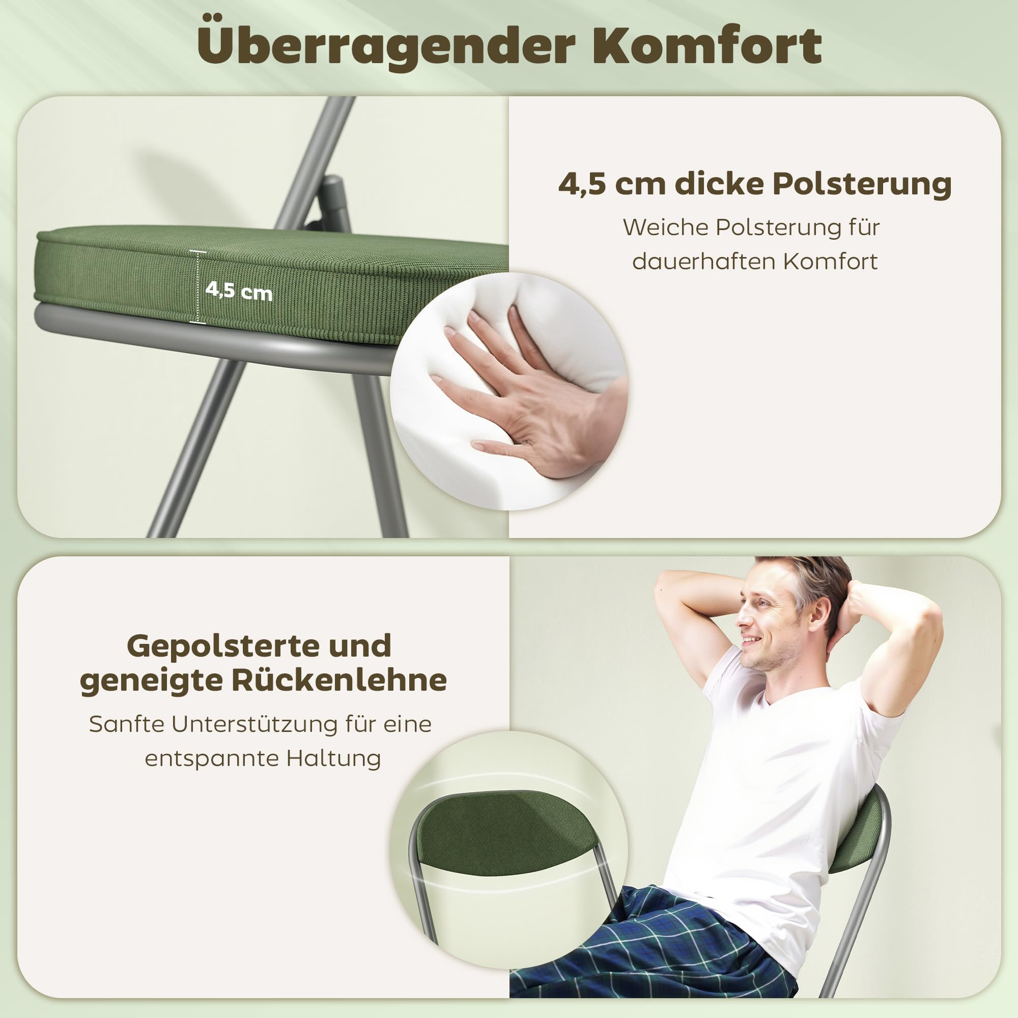 HOMCOM Klappstuhl 4er Set Campingstuhl mit Gepolsteter Rückenlehne, Klappbar Bürostuhl mit Stahlrahmen, Küchenstuhl mit Polster bis 120 kg belastbar für Gäste, Büro, Camping, Grün