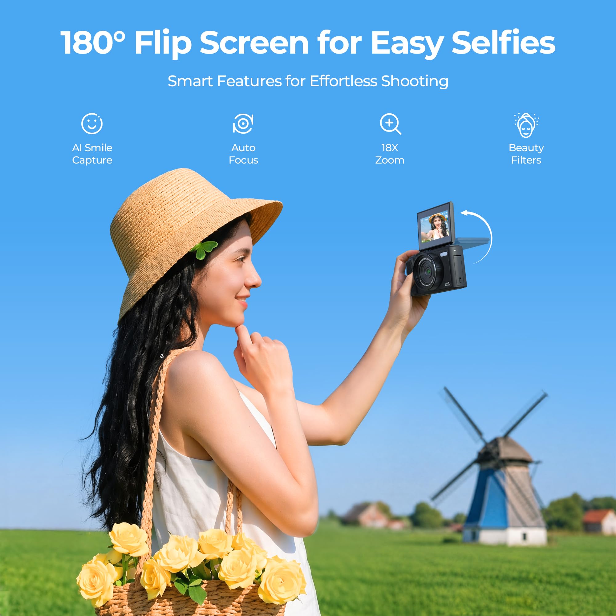 Fotocamera digitale 5K WiFi e fotocamera fotografica 80 MP, fotocamera vlogging per YouTube con messa a fuoco automatica, schermo pieghevole da 3" a 180°, zoom digitale 18x, fotocamera da viaggio per