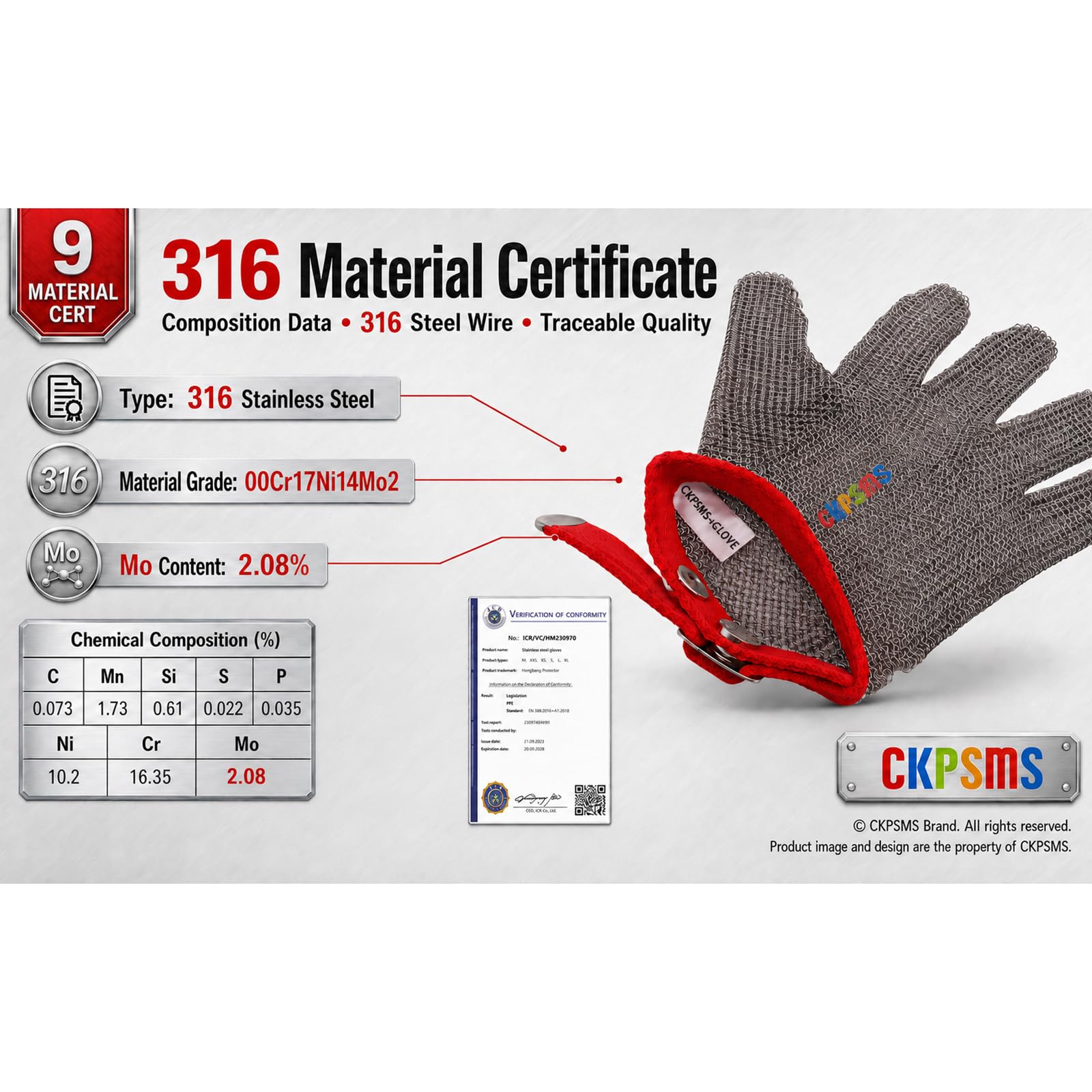 ckpsms Marque -5 doigts en acier inoxydable maille lame résistant aux coupures Anself gant de protection #SG515#SG515 (M)