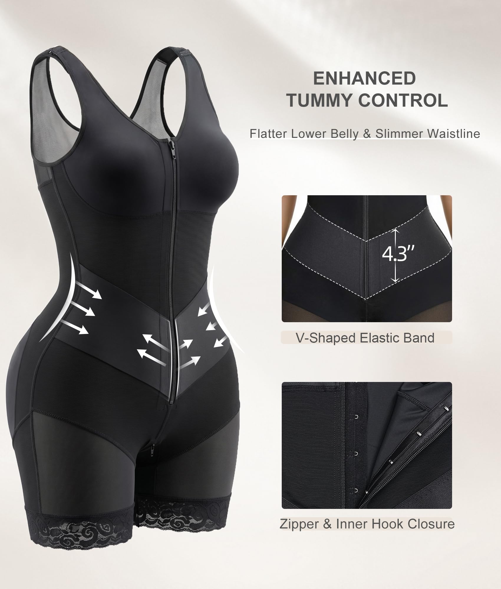SHAPERX Faja Colombiana Body Moldeador Control Abdomen Levanta Glúteos | Control Abdomen V, Sin Aros, Cremallera y Ganchos, Tirantes Ajustables, Glúteos 3D, Antideslizante, Baño Fácil, Postparto