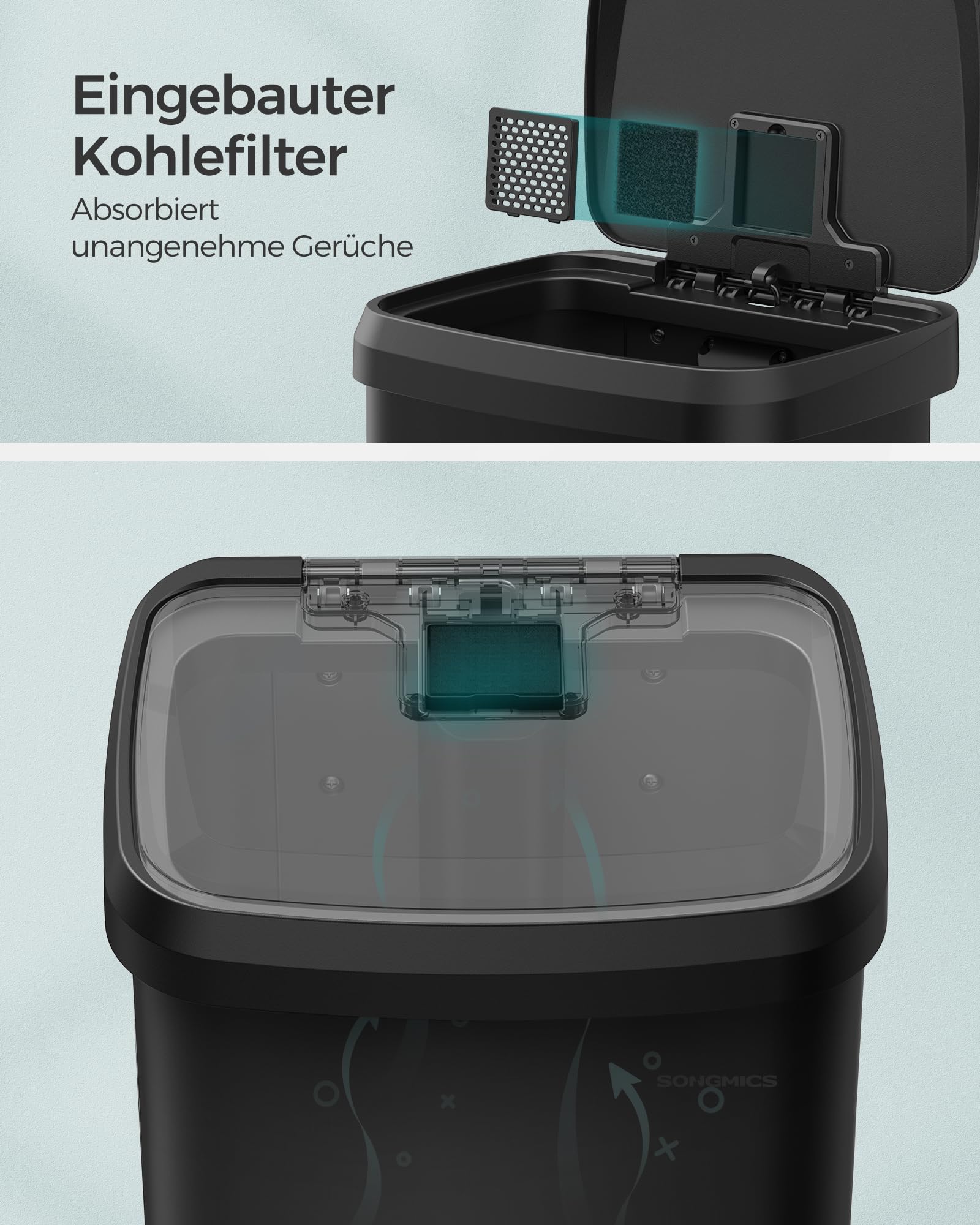 SONGMICS Mülleimer Küche, 68 Liter Abfalleimer, Tretmülleimer aus Metall, mit Deckel, hoch, schmal und geräumig, schwarz LTB520B6802