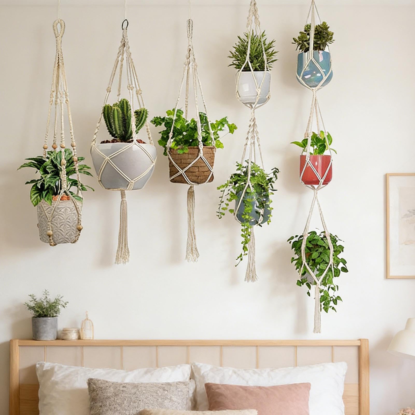 Generico Portavasi Appesi in Macramè 5 Pezzi Cestino Decorative Stile Boho | Diverse Dimensioni Sospensioni Per Vasi Per Soffitto Parete Appendere Piante Grasse
