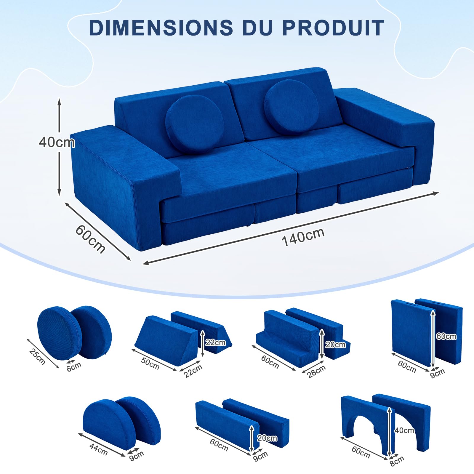 LALAHO Canape pour Enfant Modulaire，Chauffeuse 2 Places，Chauffeuse & Canapé Convertible Enfant，Velours Côtelé，Librement Combinable，pour Chambre d'enfant, Salle de Jeux，Chambre à Coucher（Bleu）