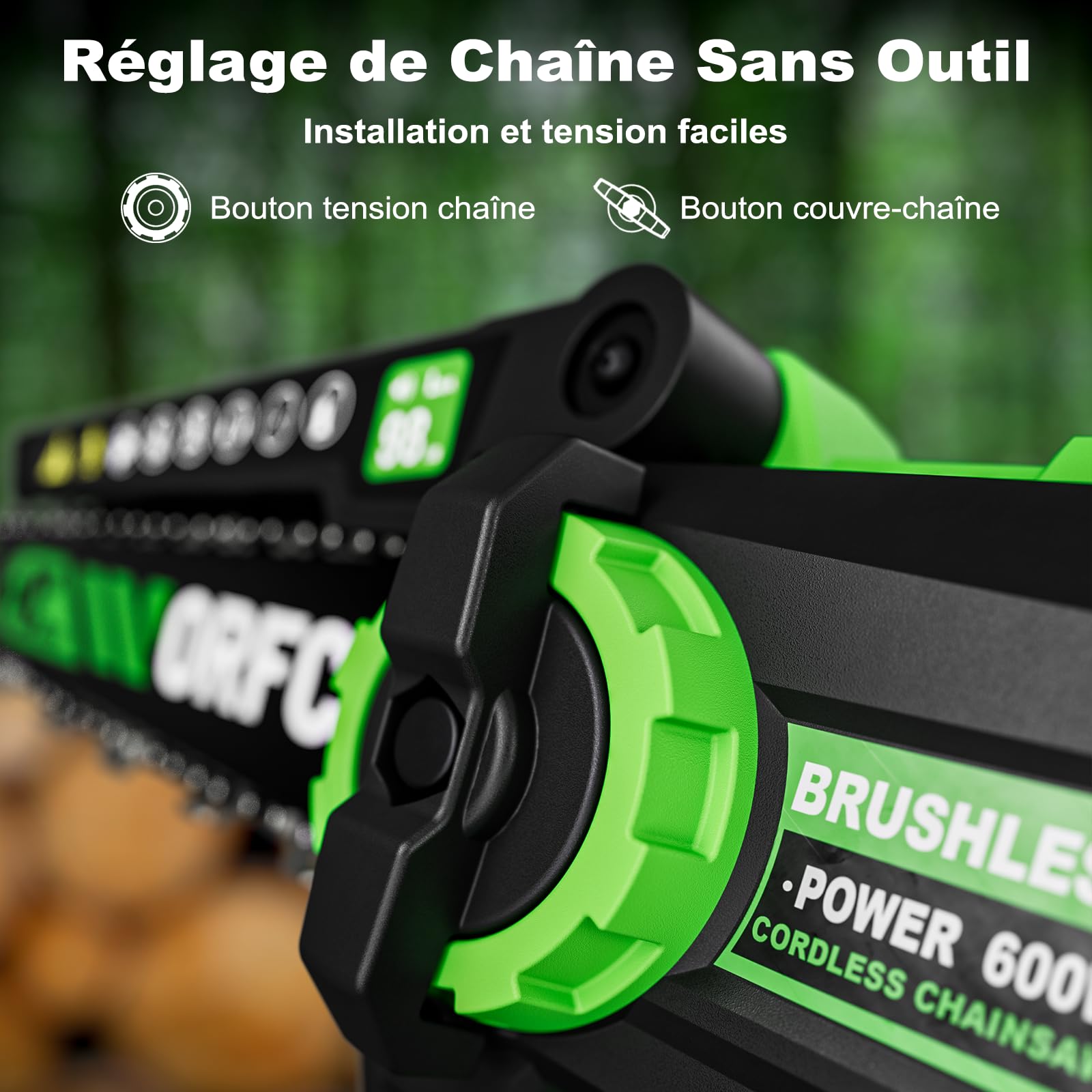 8 Pouces Mini Tronçonneuse Sans Balai Sans Fil, 2×3000mAh Batteries, Lubrification Automatique, Outil Jardinage Idéal pour Élagage Bois et Arbres