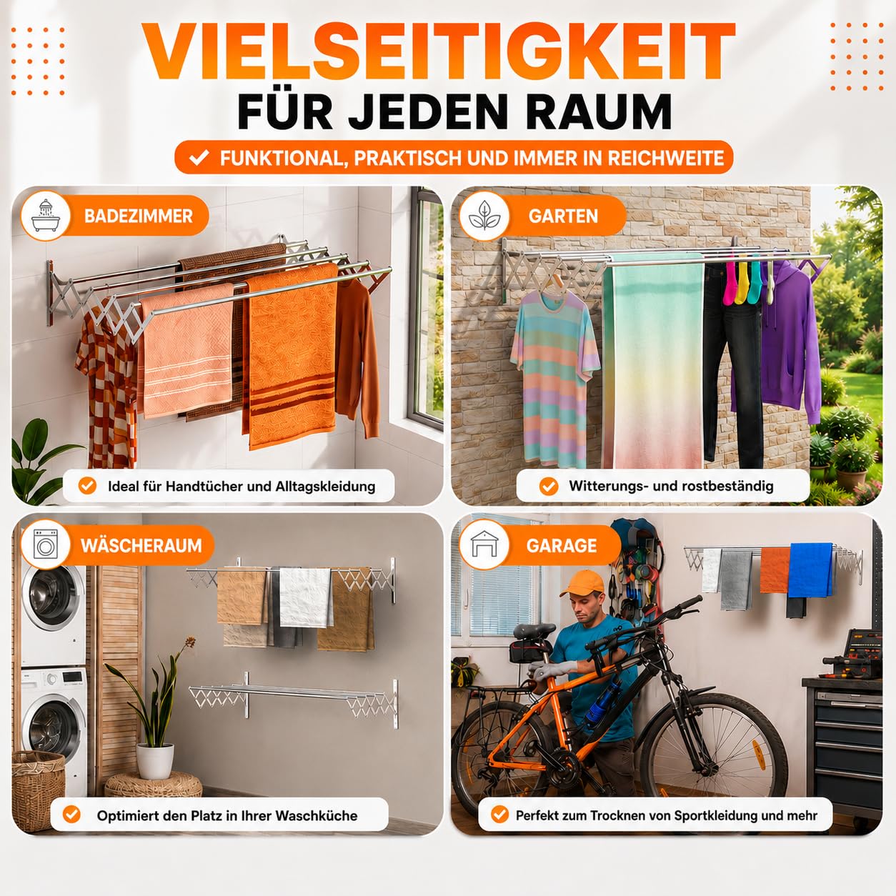 TEHORNEO Wäscheständer Wandmontage 100 cm, Wäschetrockner Wand aus Edelstahl, Wandtrockner Ausziehbar, Wäscheständer Wand, Wandwäschetrockner, Wandtrockner Ausziehbar 25 kg Tragfähigkeit