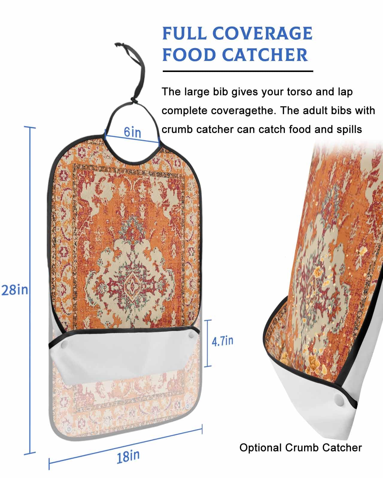 LEOKOTI Red Boho Adult Bibs for Eating, Waterproof Bibs with Food Catcher & Adjustable Snap Closure, Southwestern Vintage Geometric Art Washable Clothing Protectors Adult Bibs for Elderly Women/Men