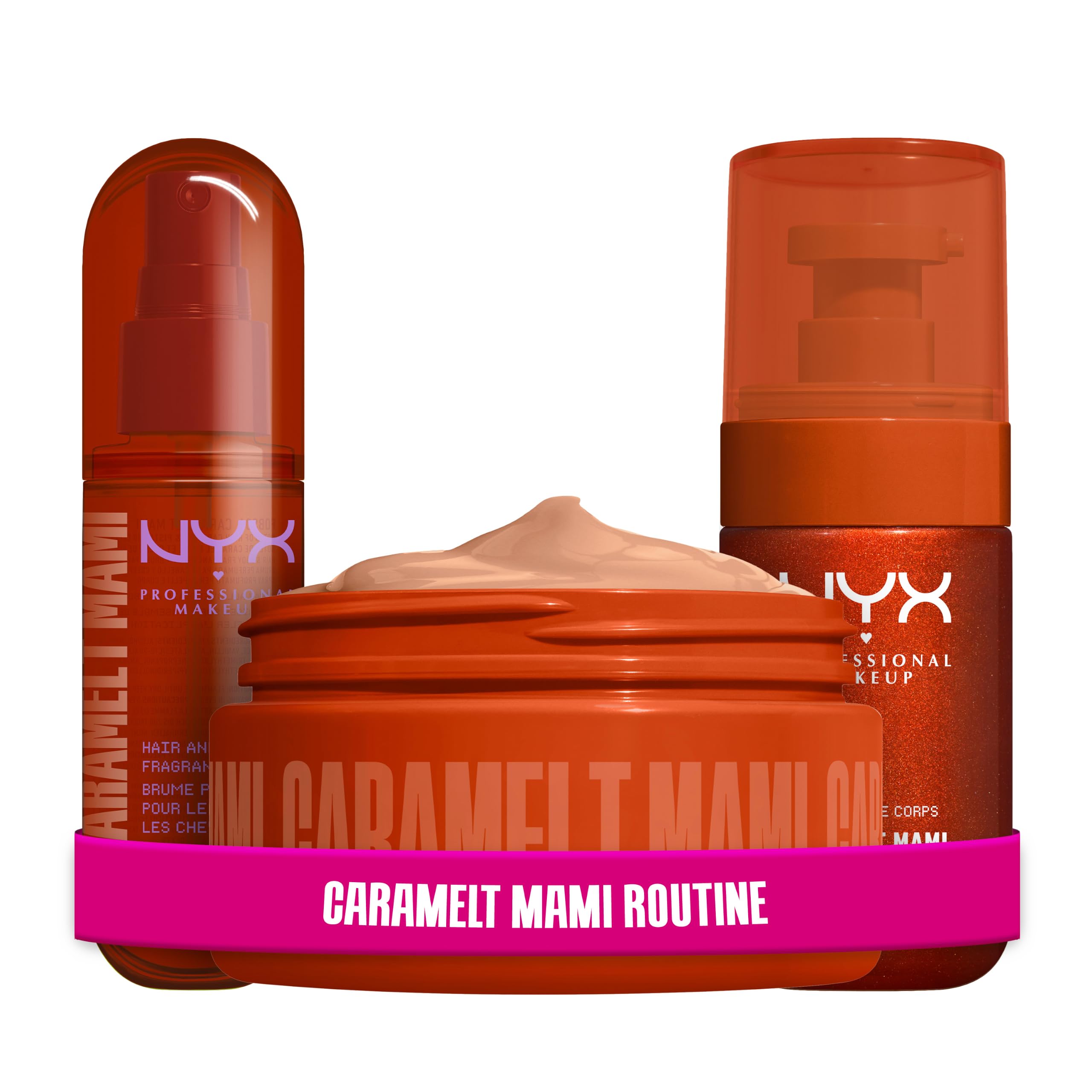 Set mit NYX Professional Makeup Hair & Body Fragrance Mist + Fat Oil Body Oil + Bodybutter Caramelt Mami, 24 H Feuchtigkeit, warmer Gourmand-Duft, vegan