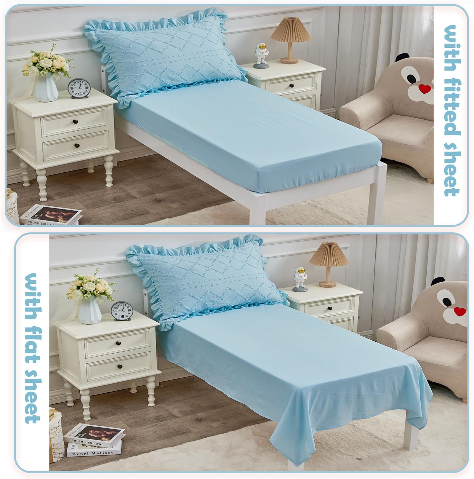 Juego de ropa de cama bohemio de 4 piezas para niñas, juego de sábanas con volantes azules, juego de sábanas de cuna bordado jacquard suave para bebé, incluye edredón, sábana encimera, sábana bajera,