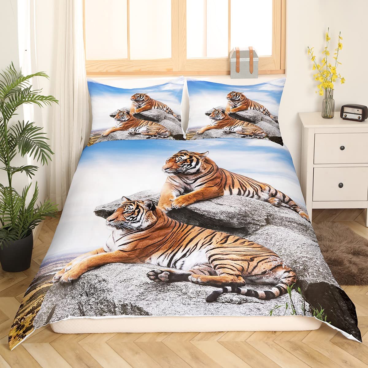 Set copripiumino stampato in 3D con motivo tigri bianchi e neri Set biancheria da letto morbida e confortevole Set copripiumino stile fauna selvatica Federe  15